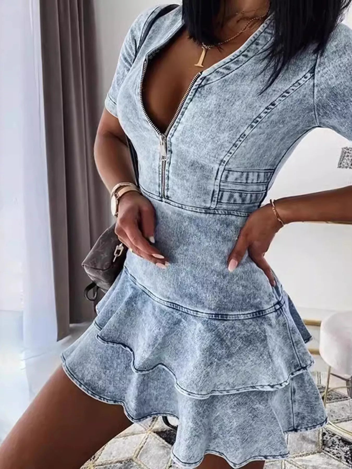 Trendsi Front Zipper Ruffled Layered Denim Dress -