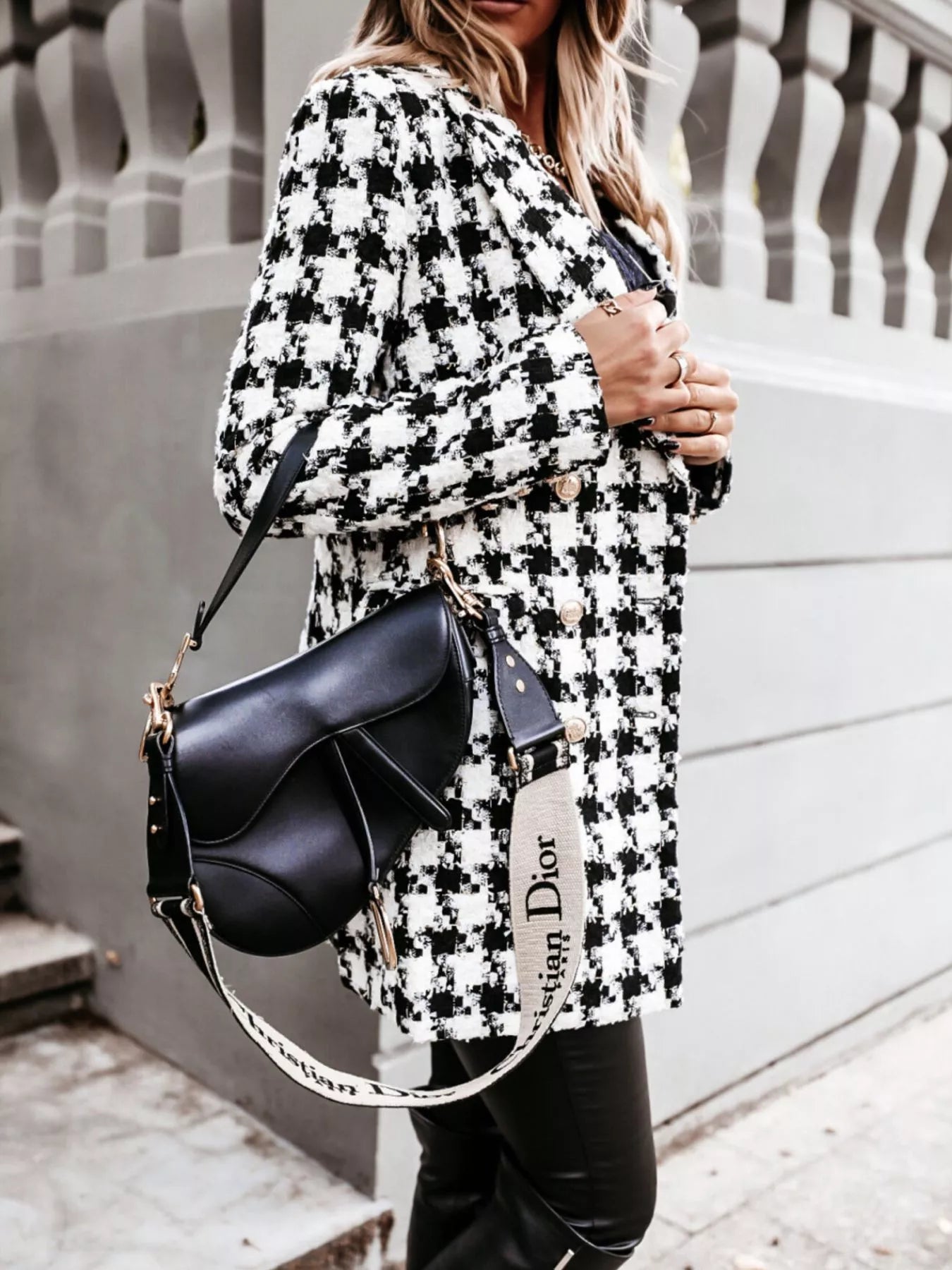 Trendsi Plaid Tweed Double-Breasted Coat -