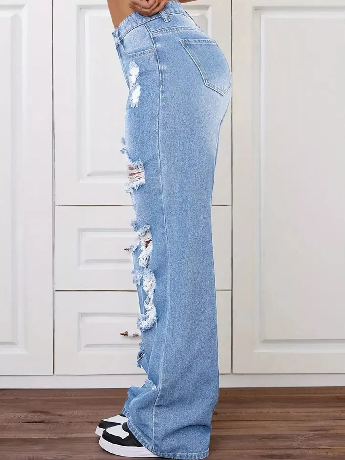 Distressed Wide-Leg Jeans in blue, side view