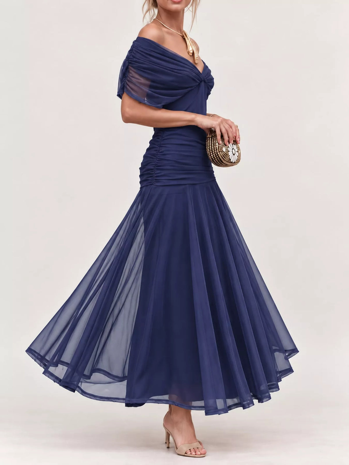 Navy off shoulder ruched tulle evening dress, side view