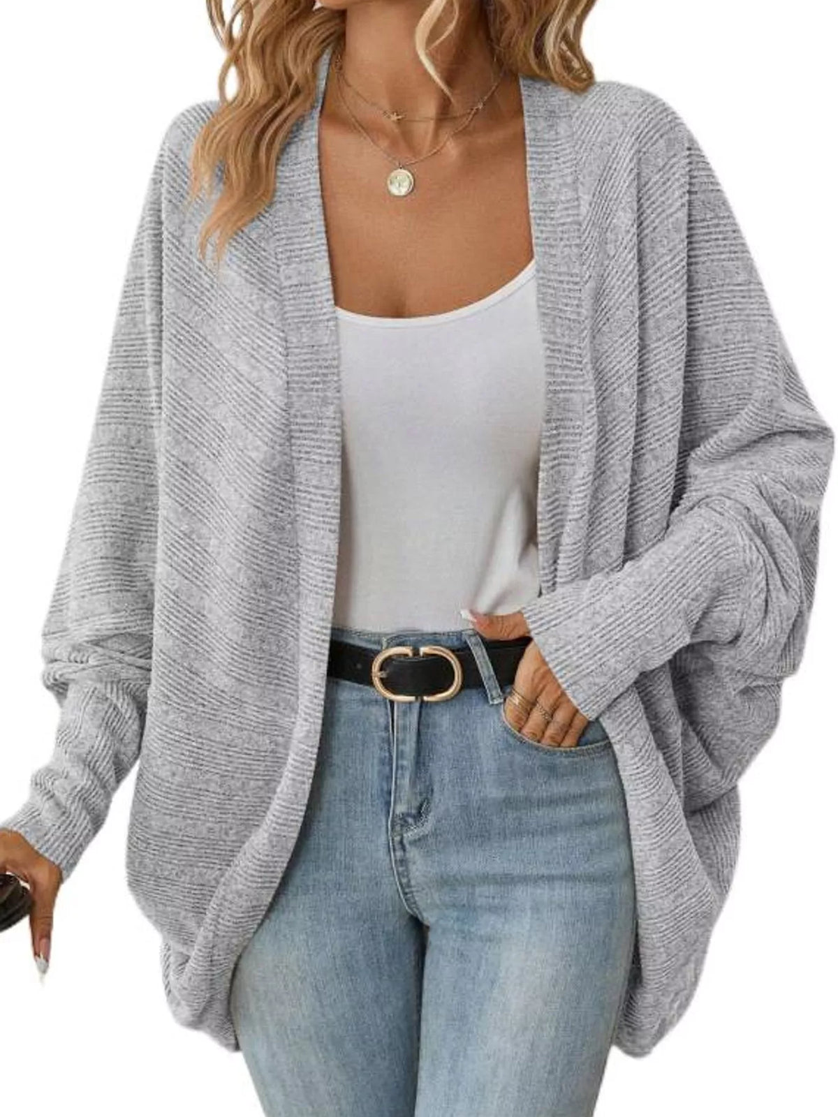 Light Gray open-front batwing sleeve cardigan