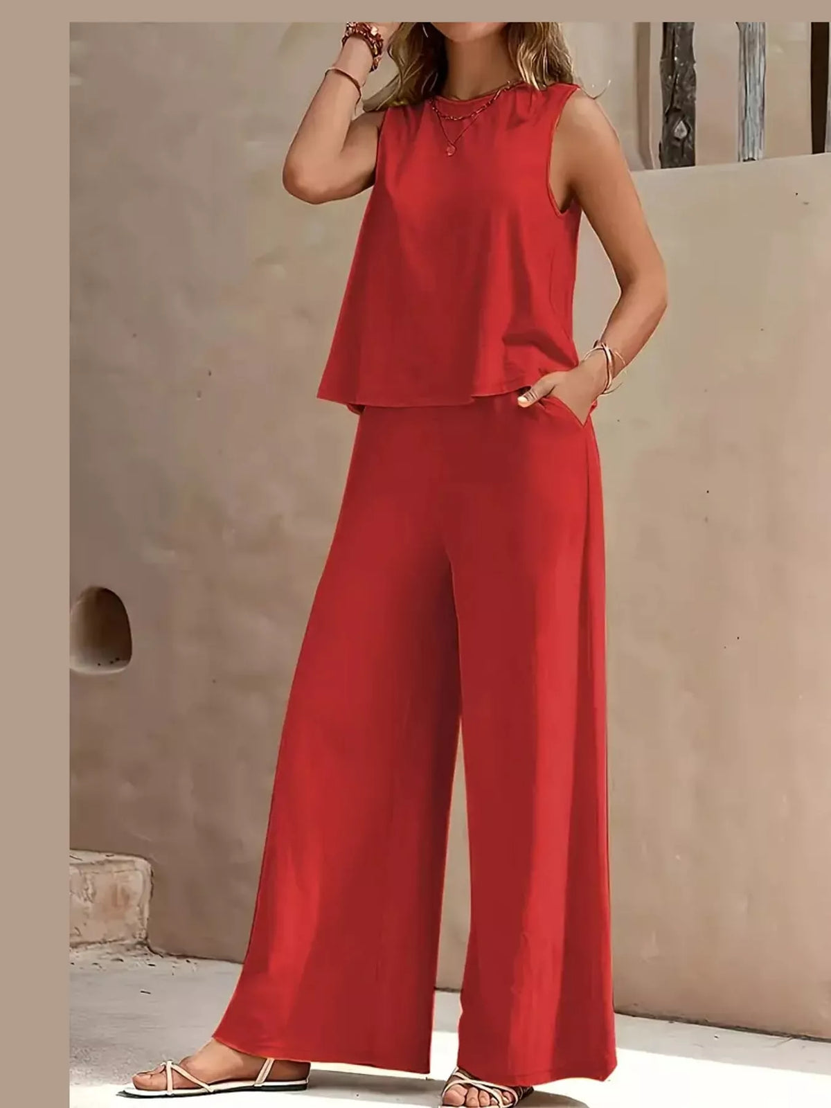 Sleeveless Tank Top and Wide-Leg Pants Set — front view