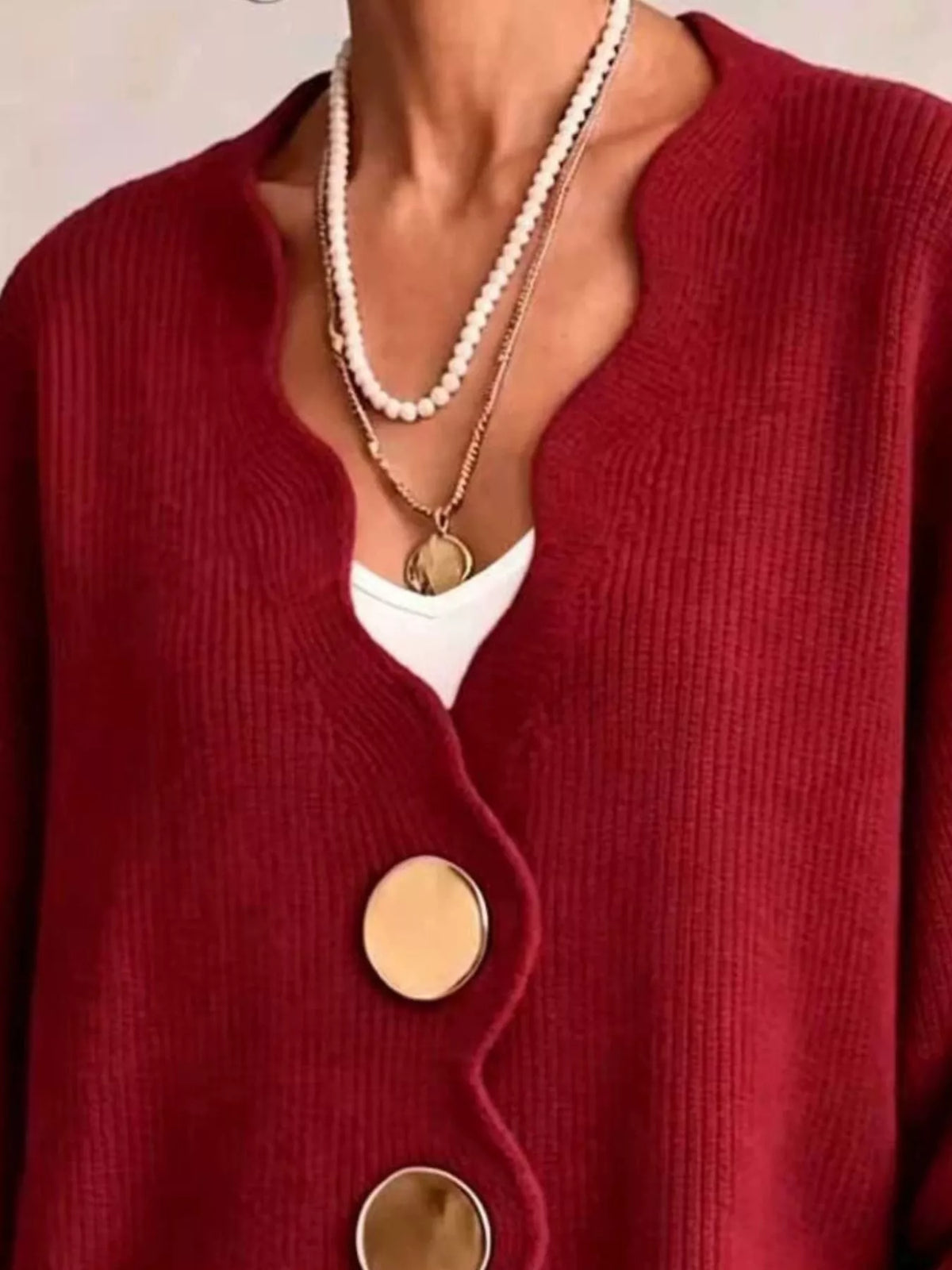 Women's Scalloped-Edge Oversized Button-Down Cardigan in Red, alternate view