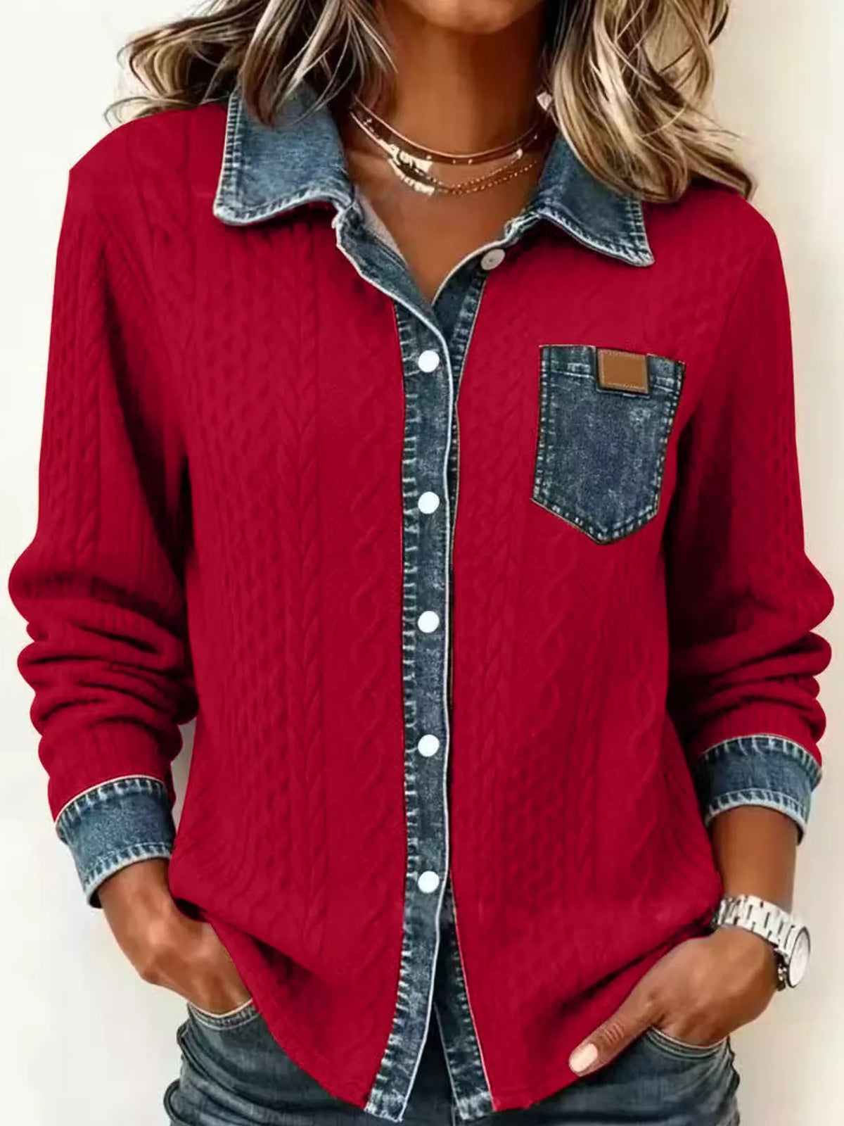Contrast Denim Trim Textured Button-Down Shirt — front view