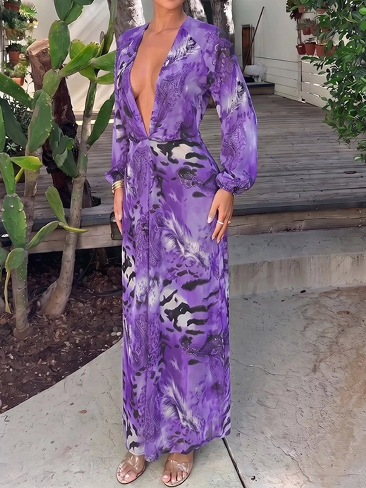 Printed maxi dress, purple front