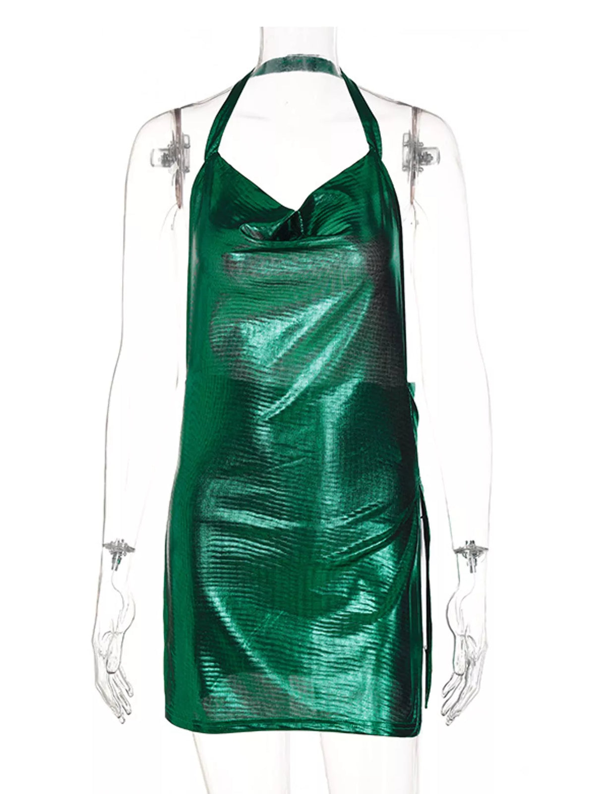 Green halter neck slit mini dress, front view