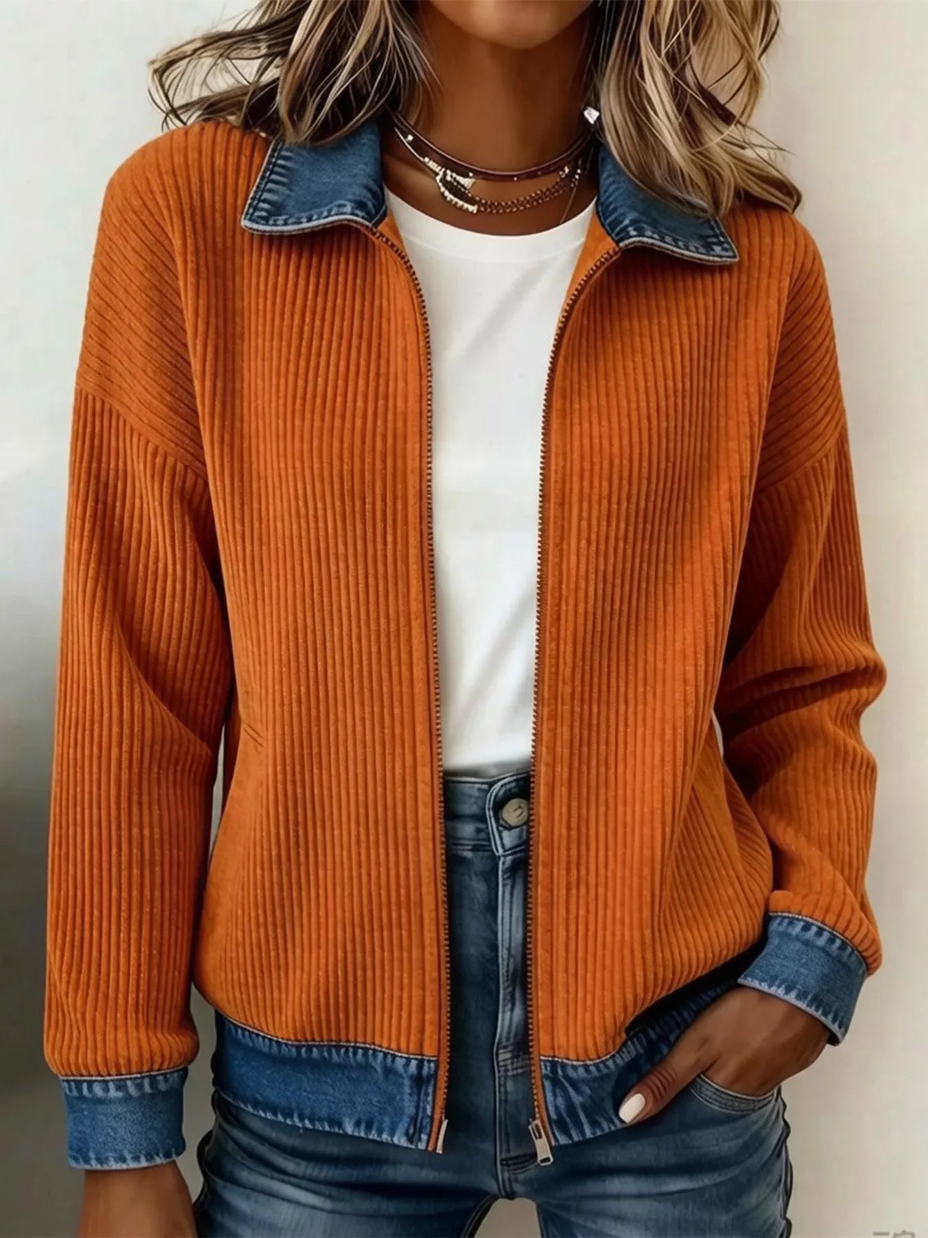 Trendsi Contrast Denim Collar Ribbed Knit Jacket - Outerwear