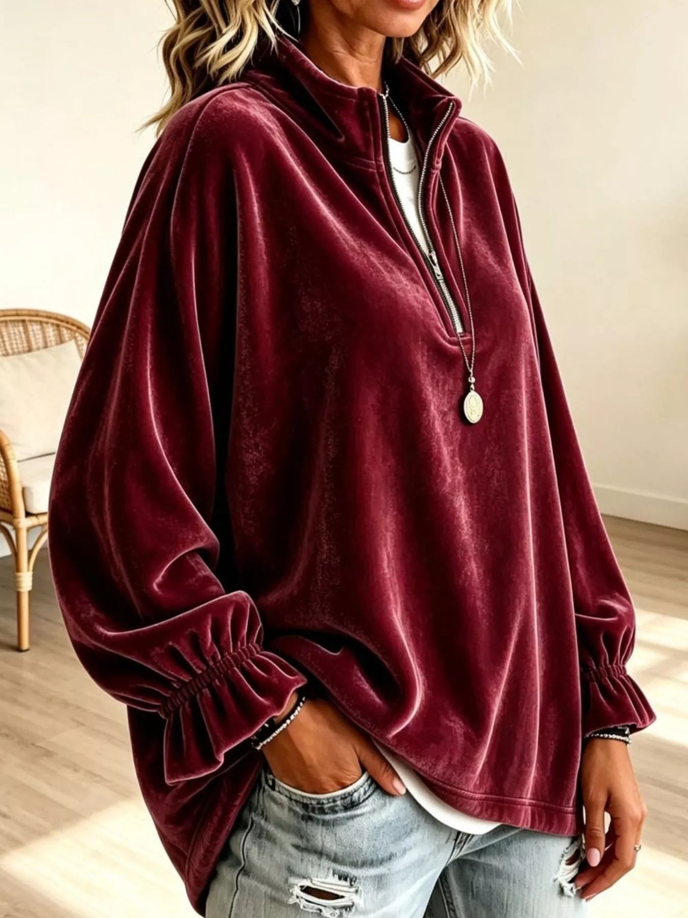 Trendsi Velvet Quarter-Zip Sweatshirt with Ruffled Cuffs -