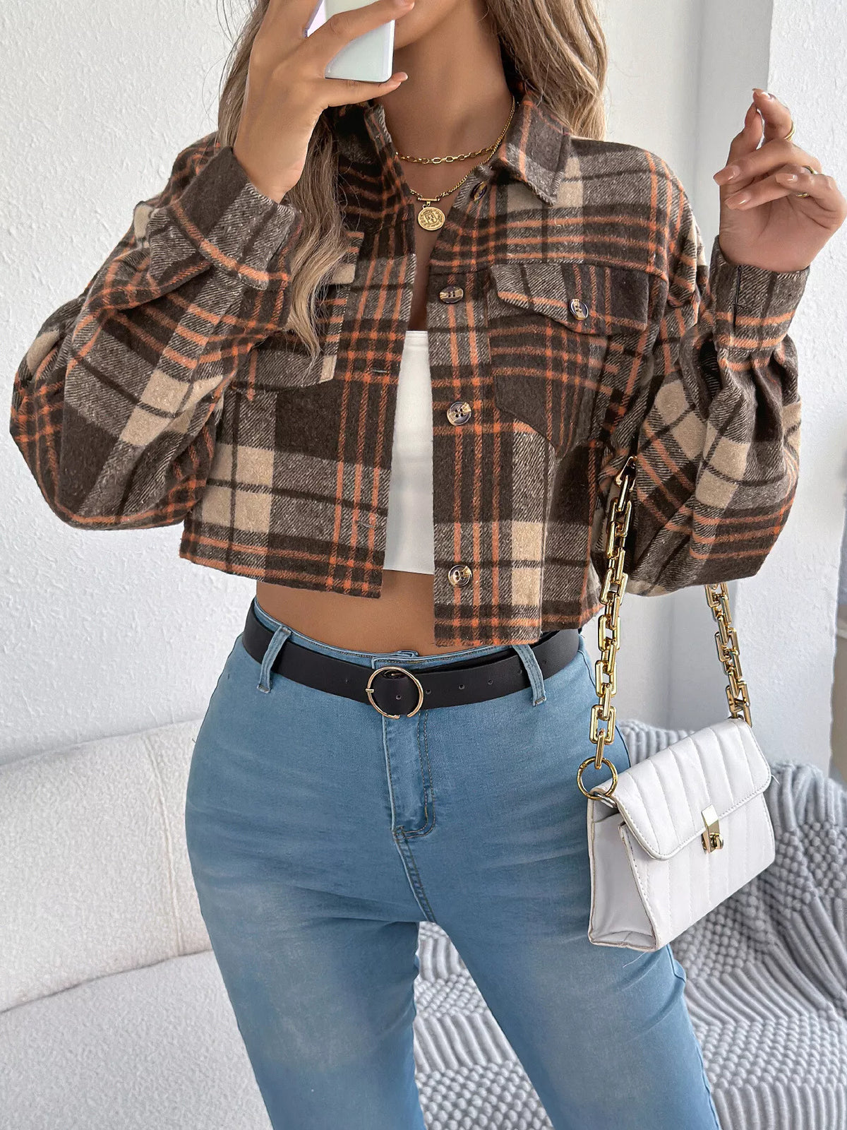 Brown plaid button-up cropped jacket
