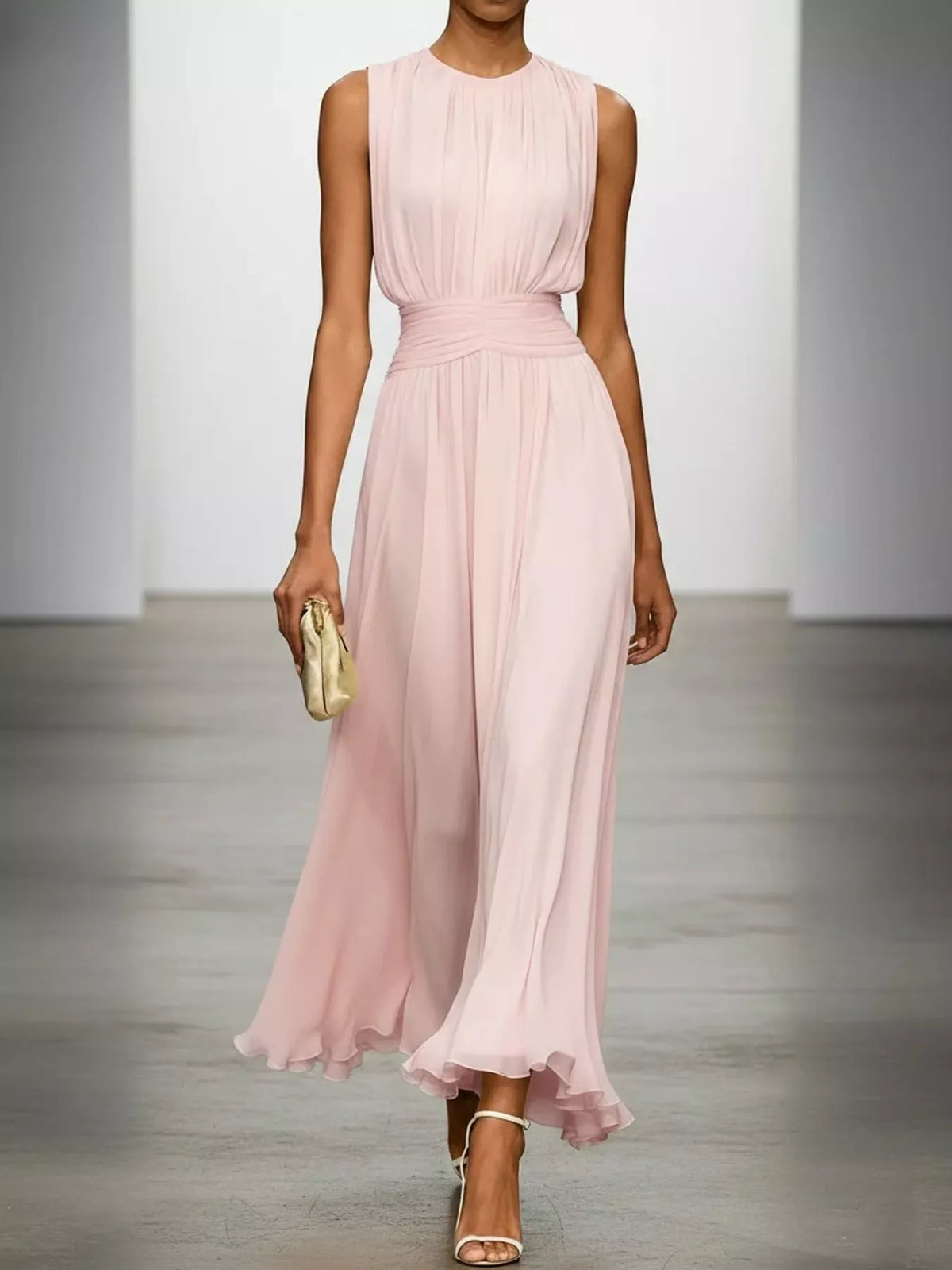 Pink sleeveless ruched chiffon maxi dress, front view