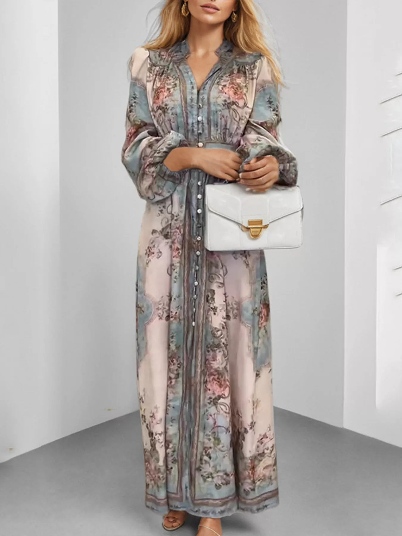 Trendsi Full Size Floral Print Maxi Dress with Puff Sleeves Plus Size -
