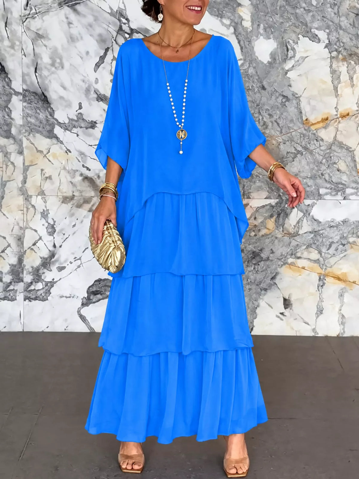 Layered maxi dress, blue front
