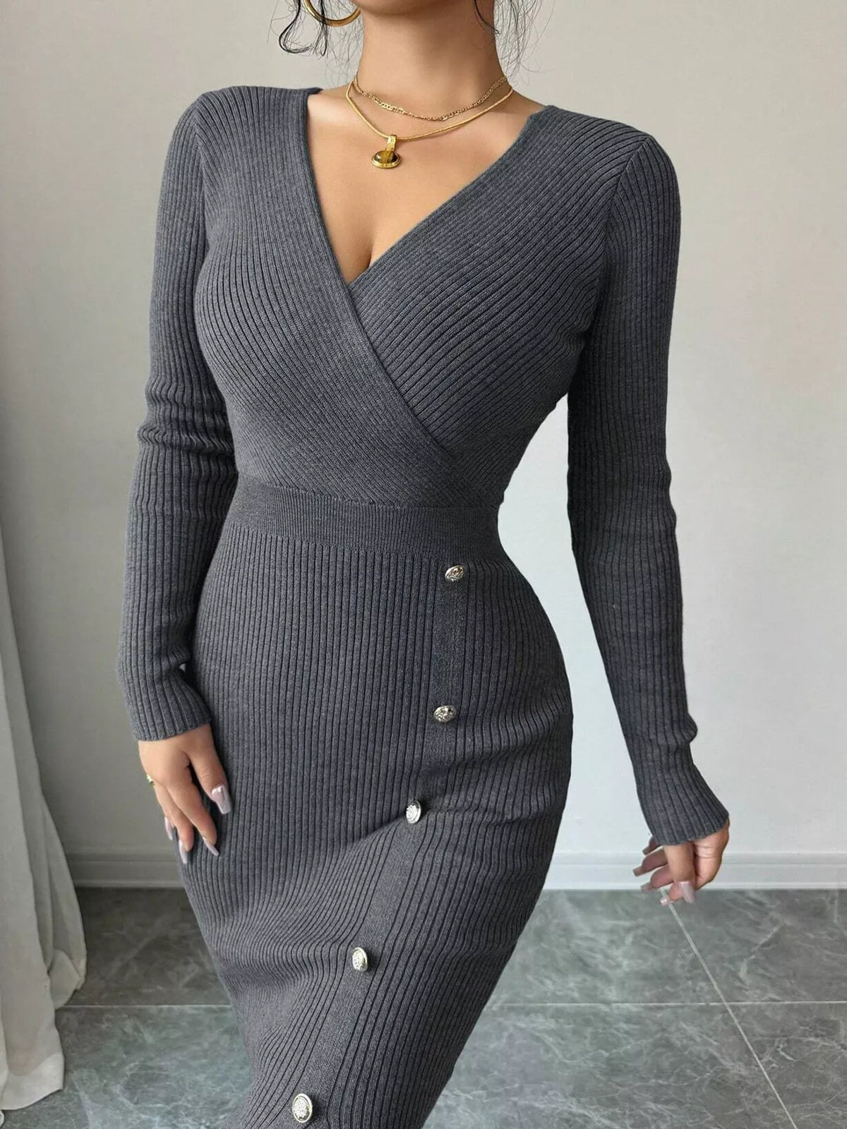 Dark gray decorative button ribbed knit sweater dress, front view