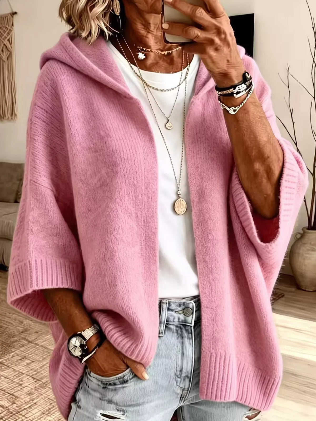 Hooded knit cardigan, pink front