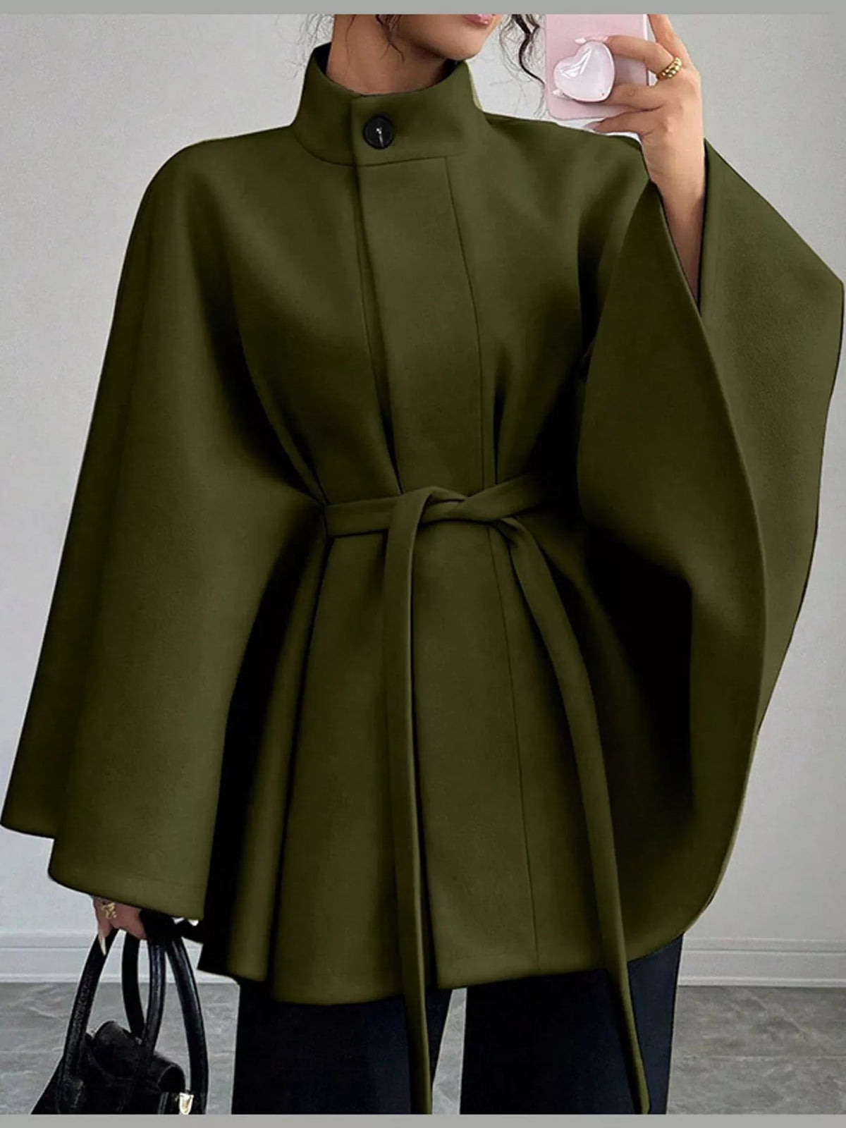 Green tie-waist cape — front view