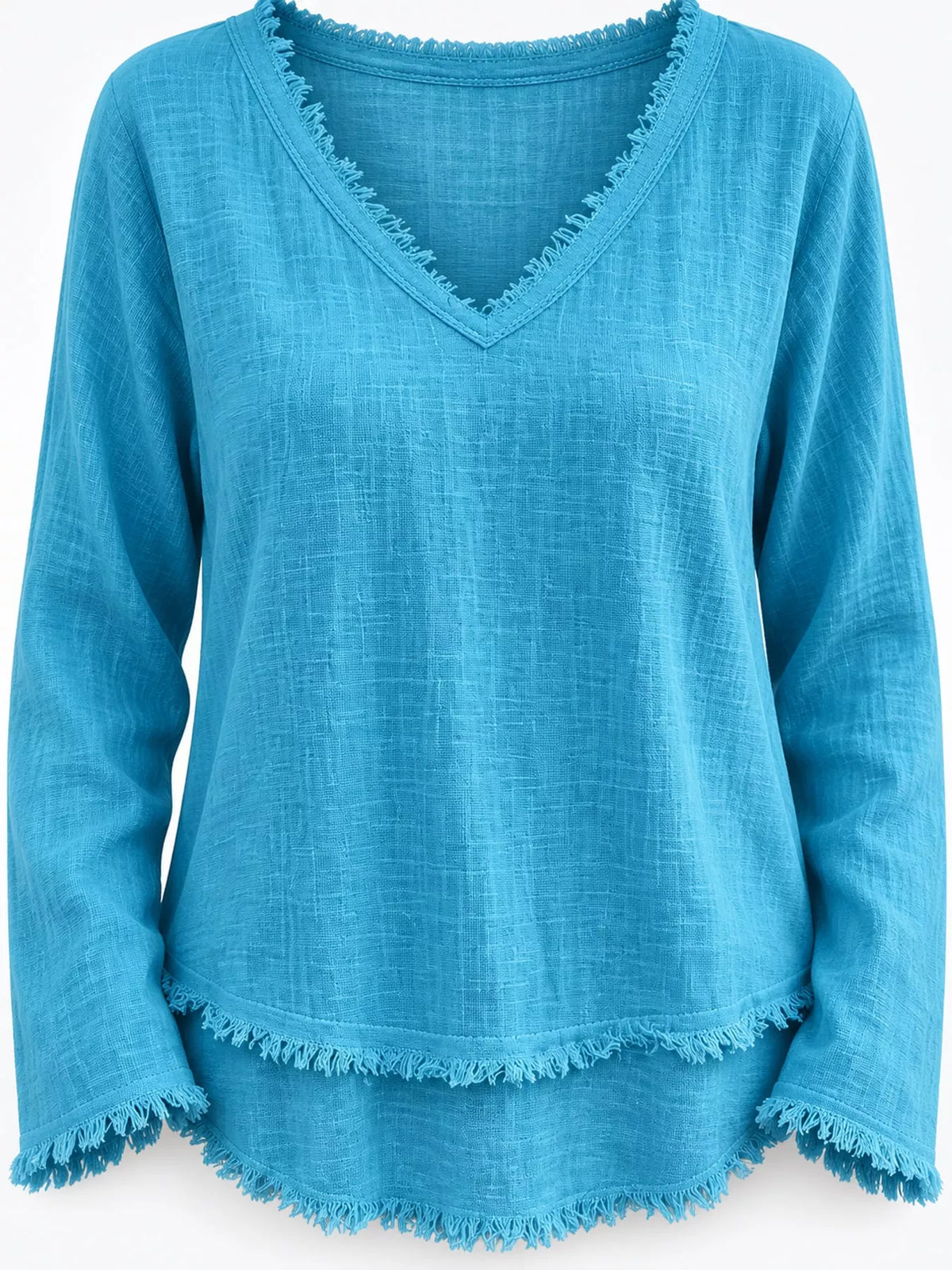 Frayed V-neck blouse, turquoise detail