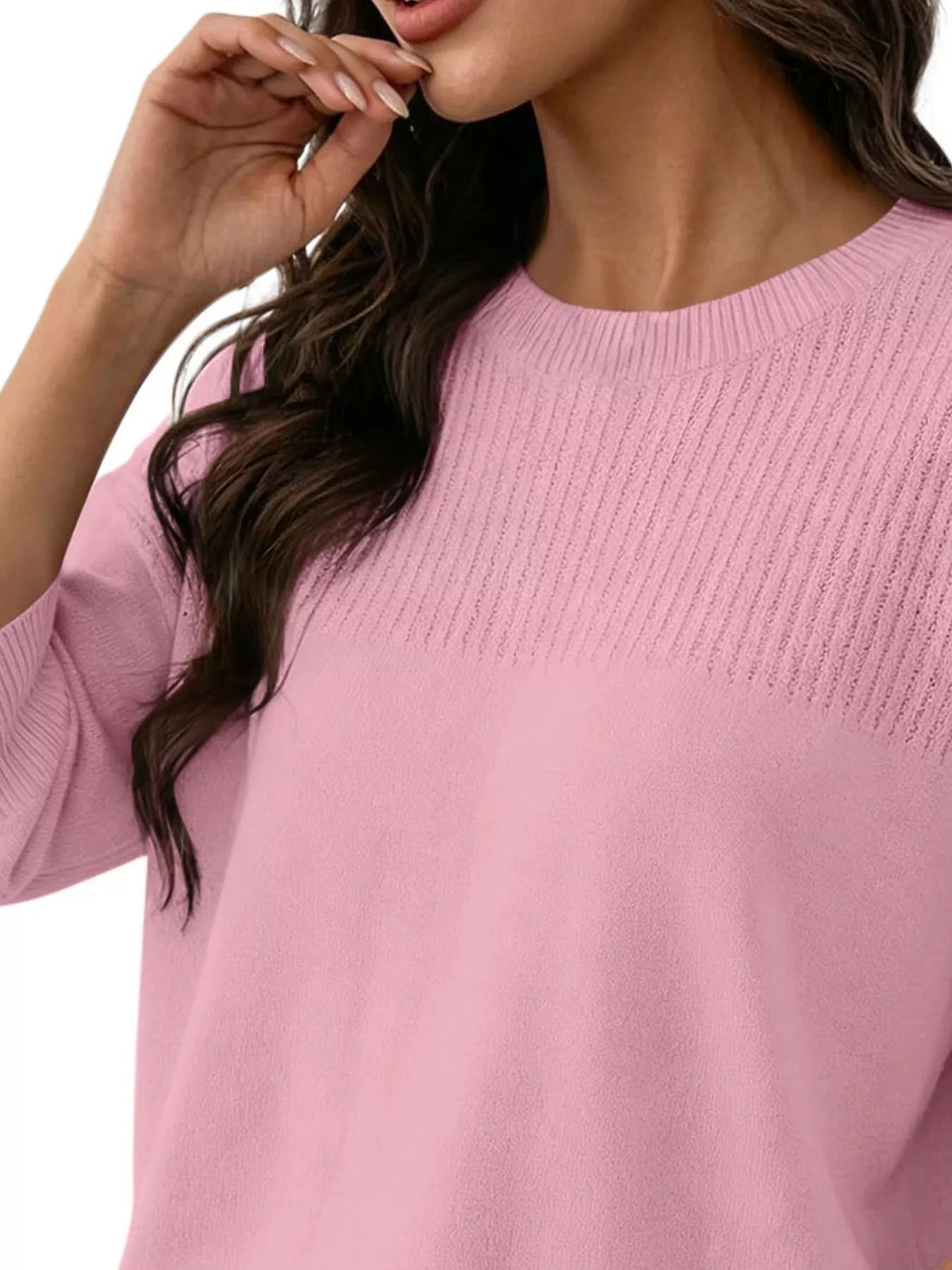 Trendsi Elegant Crew Neck Eyelet Ribbed Sweater -