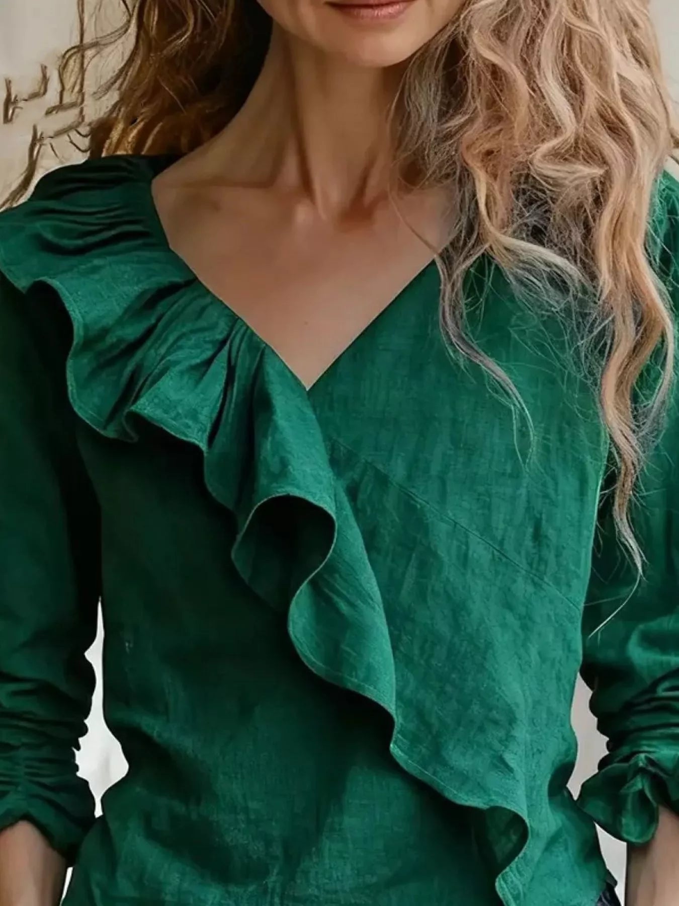 Trendsi V-Neck Ruffled Long Sleeve Blouse -