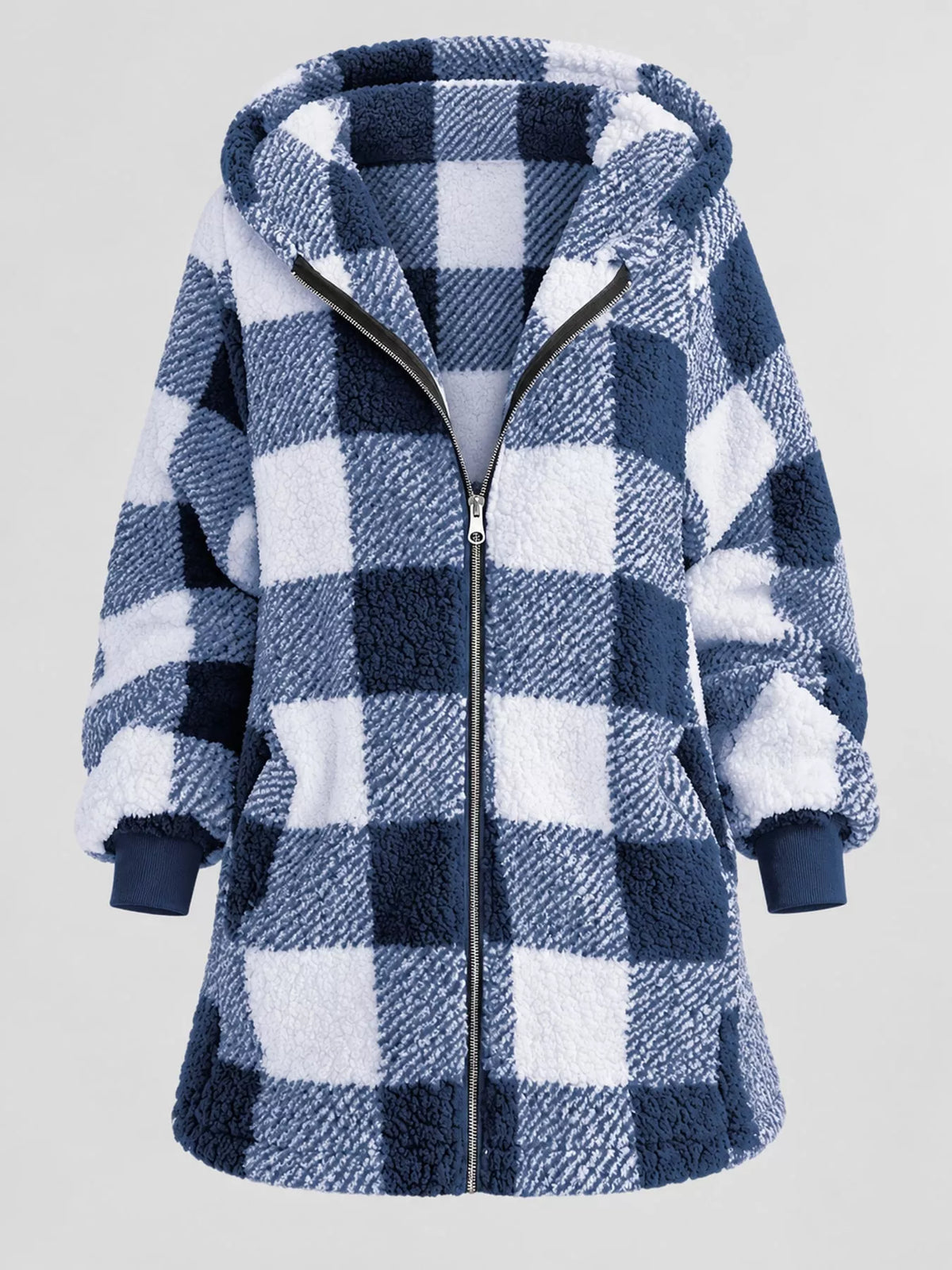 Blue and white plaid sherpa hooded zip up jacket, front view
