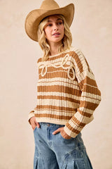 Trendsi BiBi Striped Open Knit Sweater Top with Front Braided Detail -