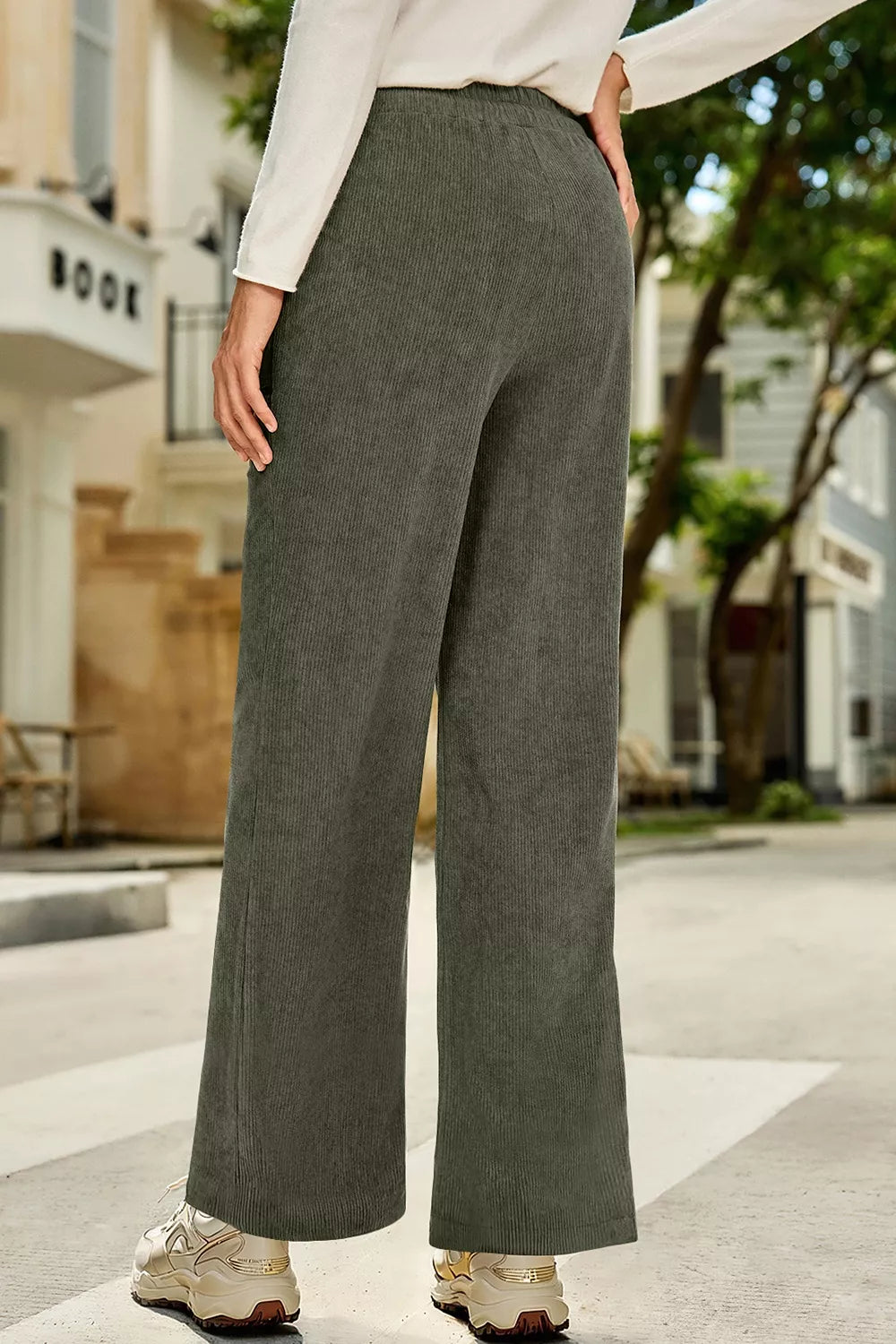 Trendsi Drawstring Corduroy Wide Leg Pants -