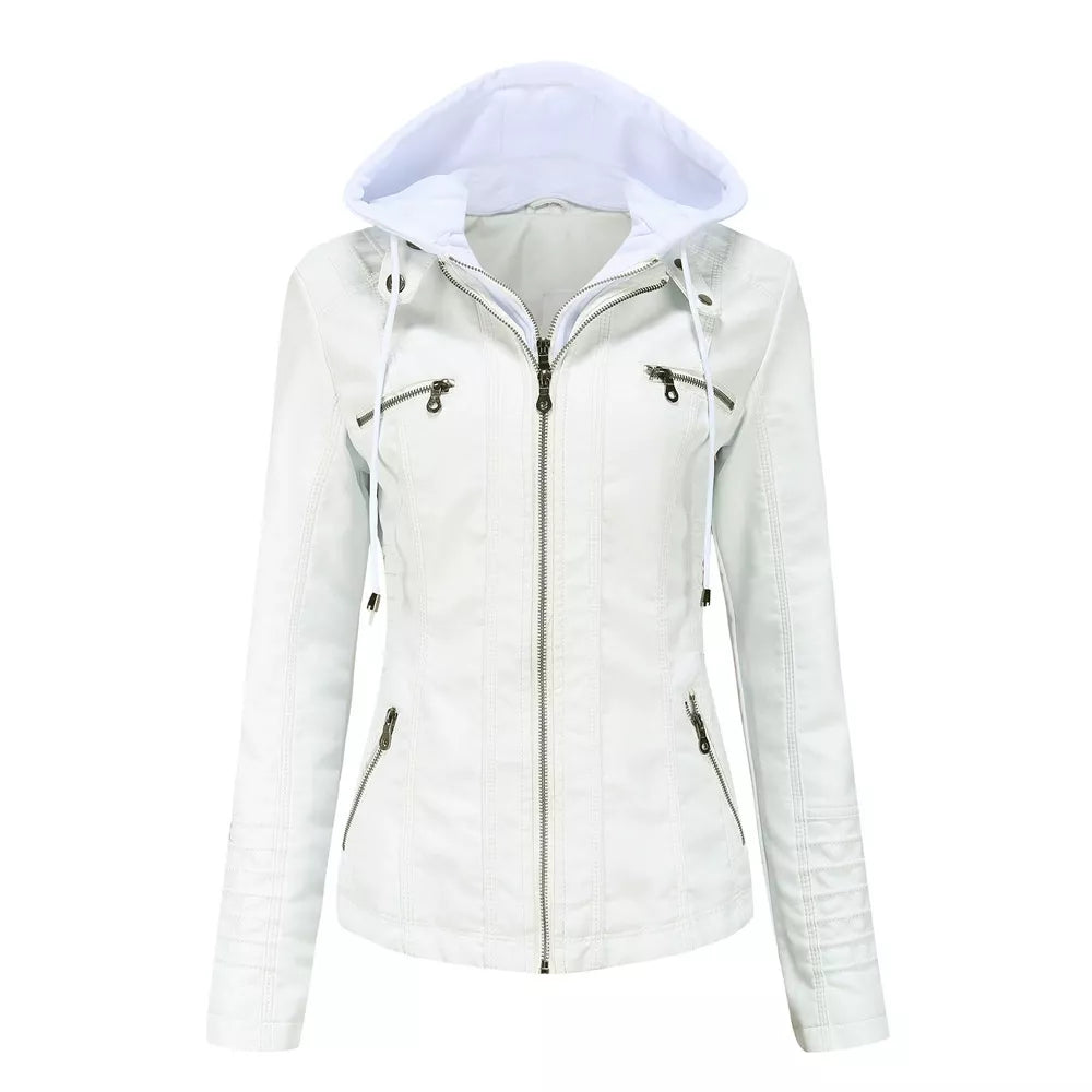 Hooded faux-leather jacket, white flat front