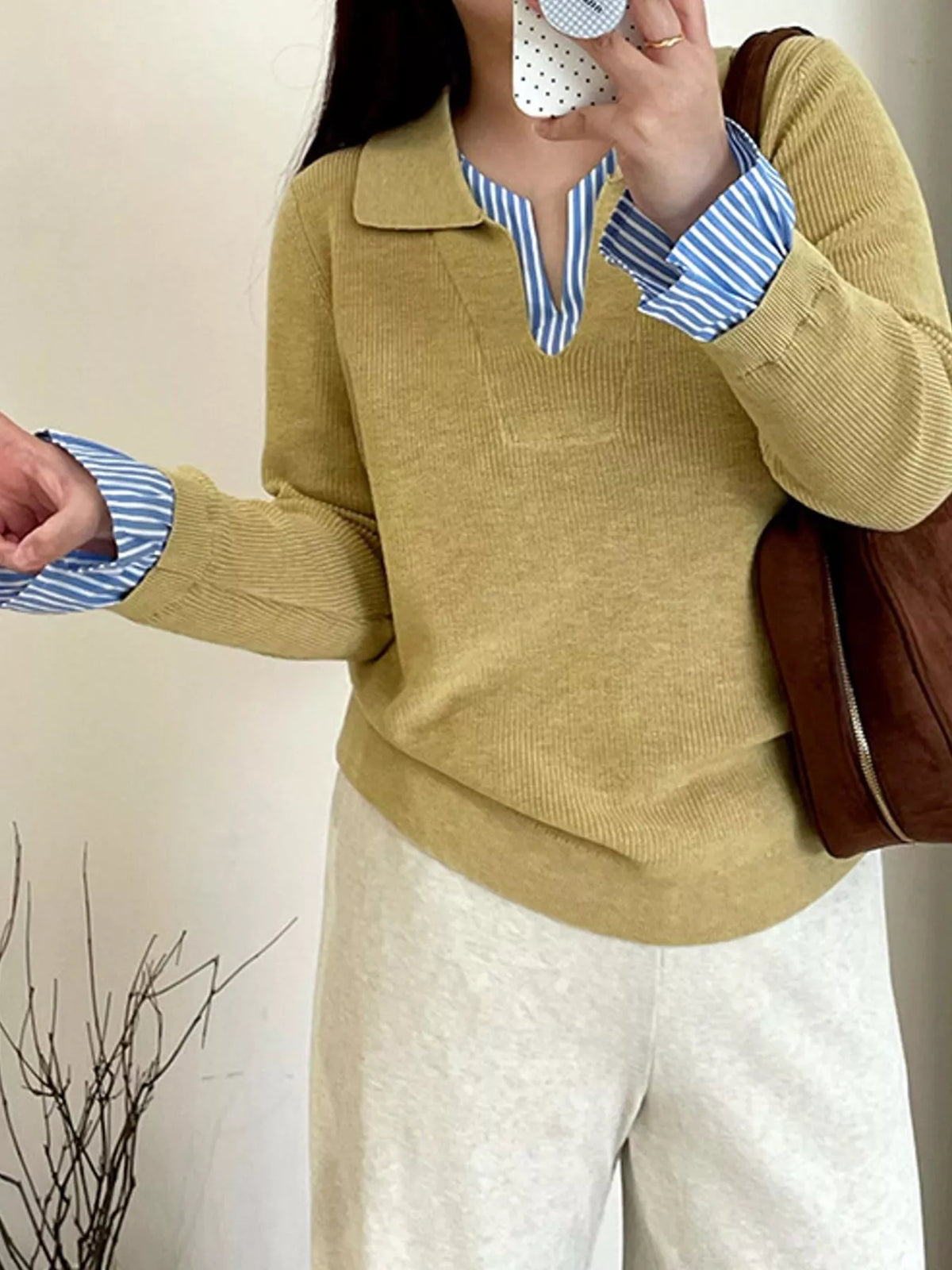 Yellow layered look striped sweater