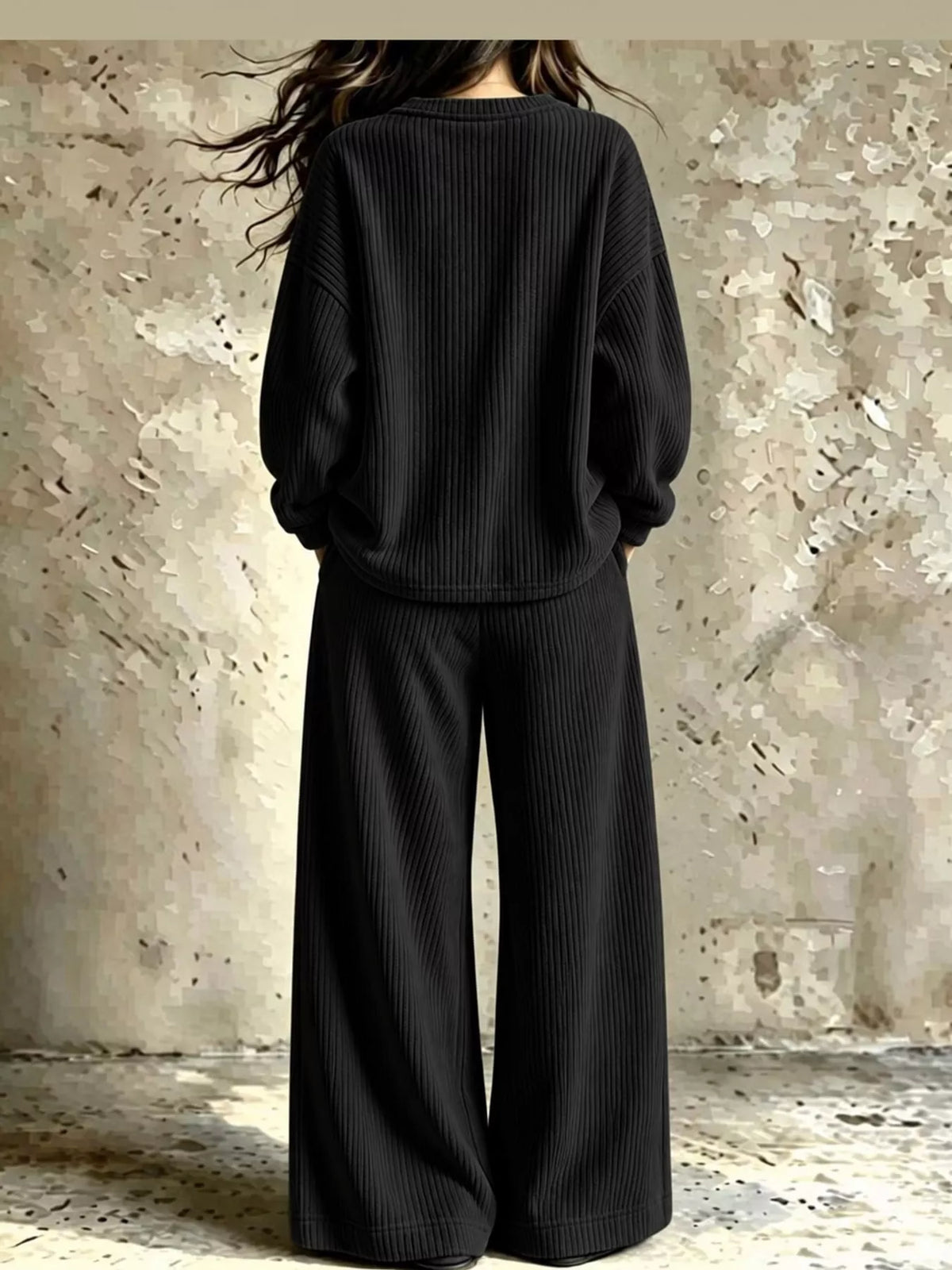 Black corduroy v-neck top and pants set — back view