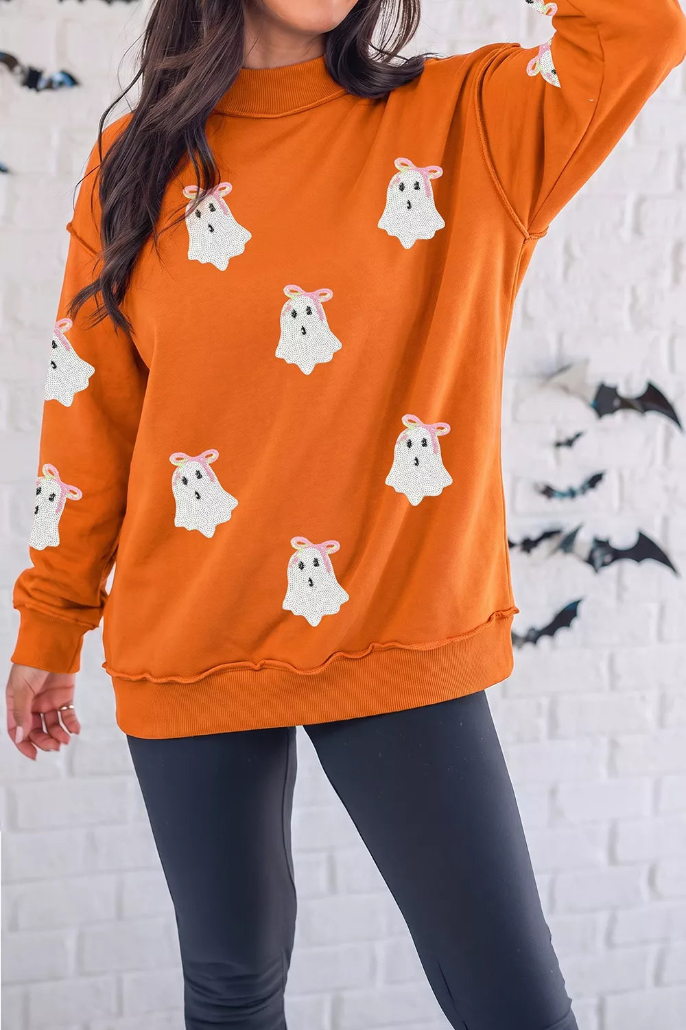 Trendsi Sequin Ghost Exposed Seam Mock Neck Sweatshirt -
