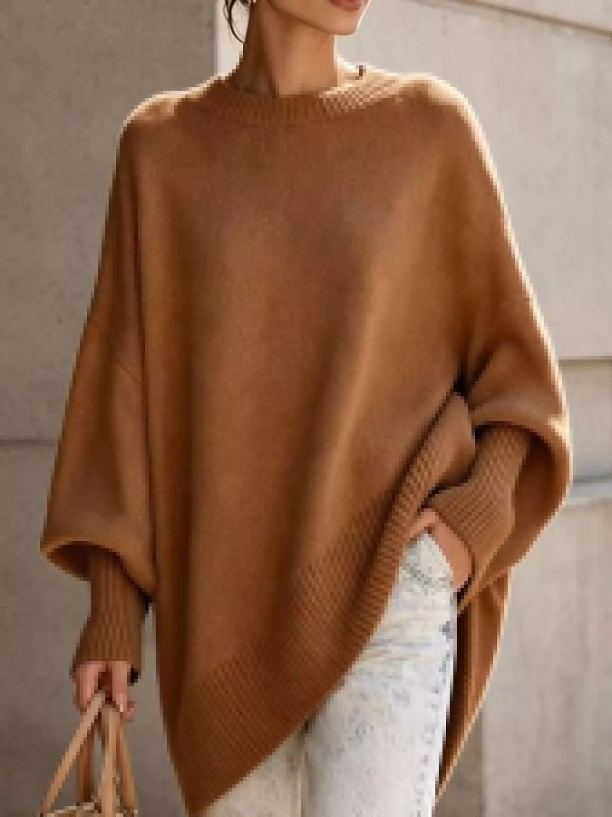 Ribbed Knit Dropped Shoulder Sweater in bright camel
