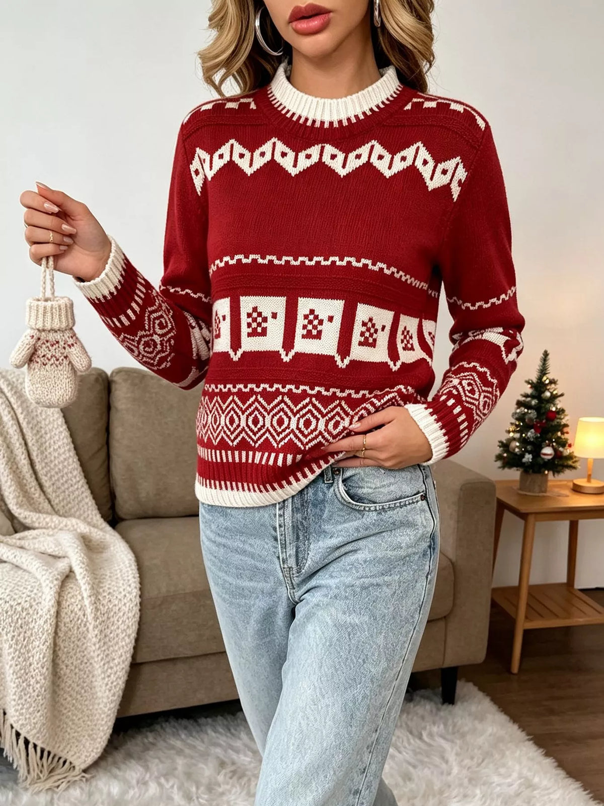 Red and white christmas fair isle crewneck sweater, full-length styled view.
