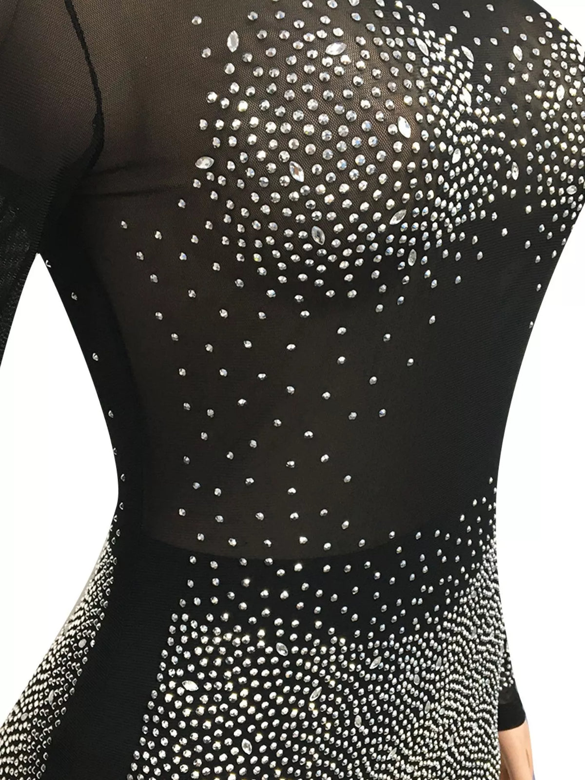 Sheer Rhinestone Embellished Long Sleeve Romper, detail view in black