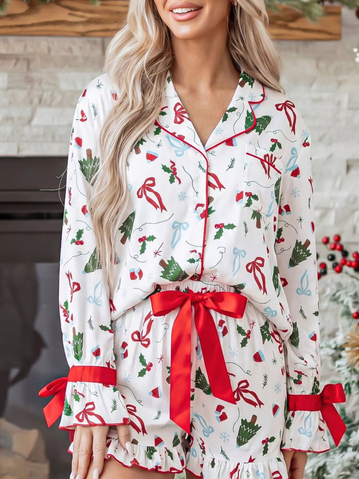 Christmas Print Ruffle Cuff Lounge Set in white, front view