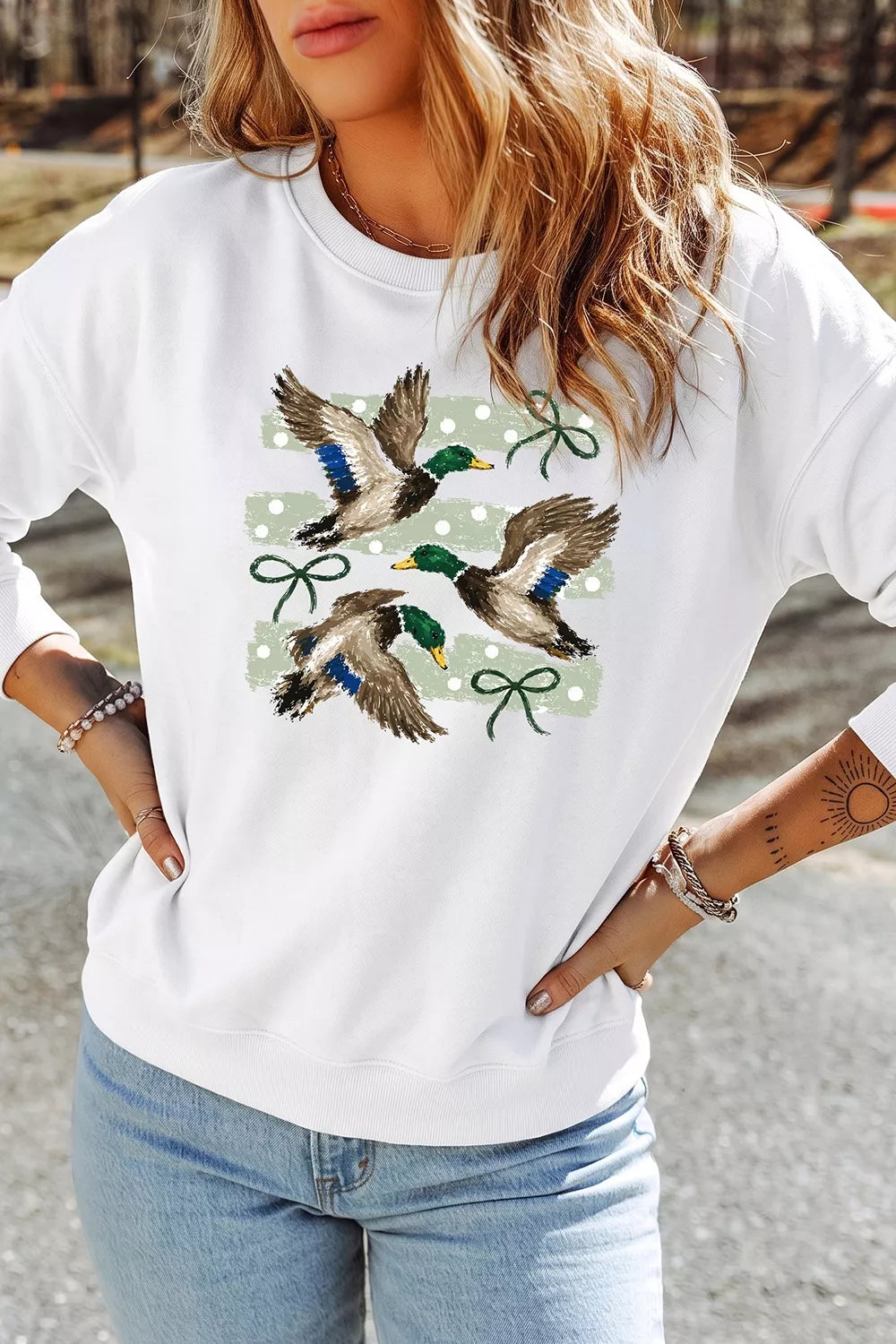 Mallard Bow Graphic Crew Neck Sweatshirt — front view