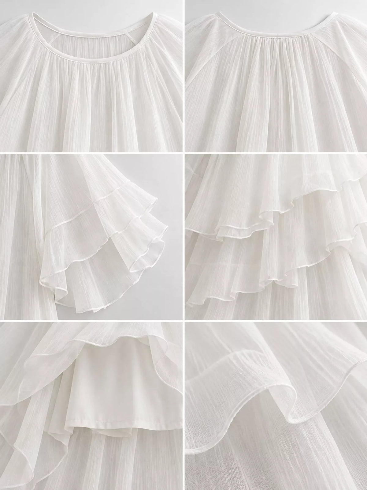 White ruffled layered bohemian maxi dress, detail view