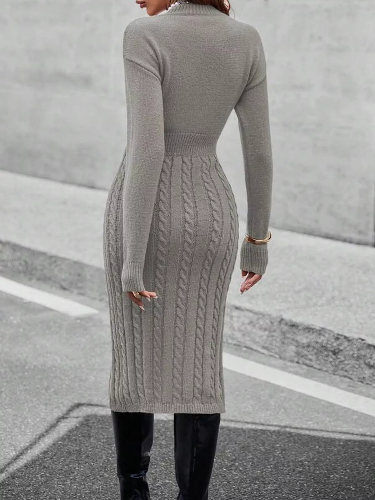 Women's Mock Neck Cable Knit Sweater Dress with Front Slit in gray — back view