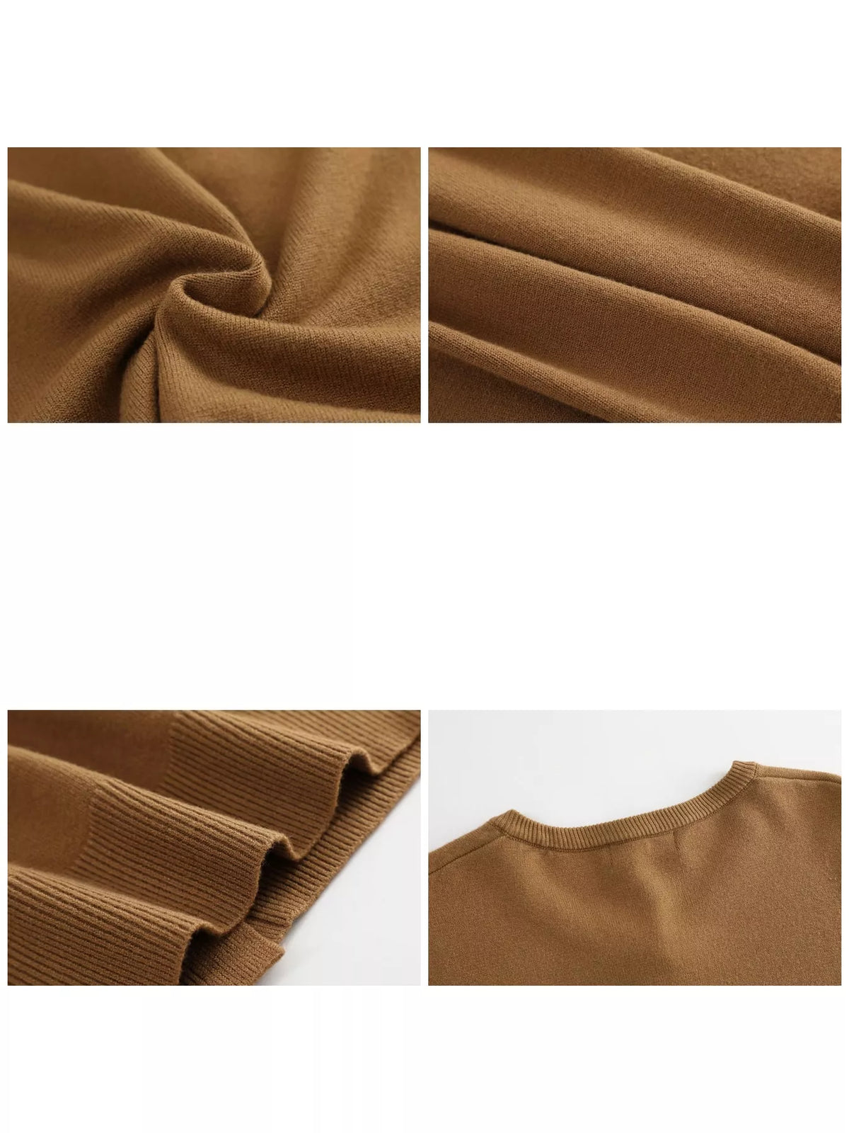Tan crew neck button down knit cardigan, detail view