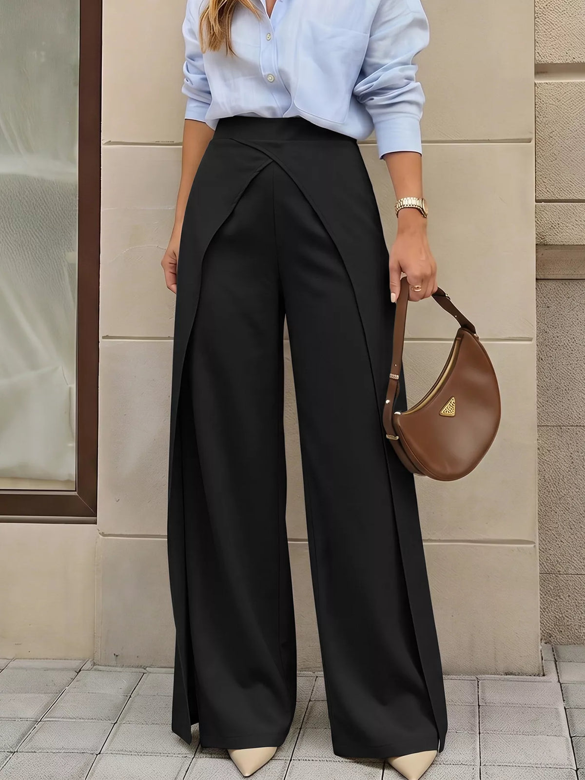 Black wide-leg pants with overlap front, overlap panel view