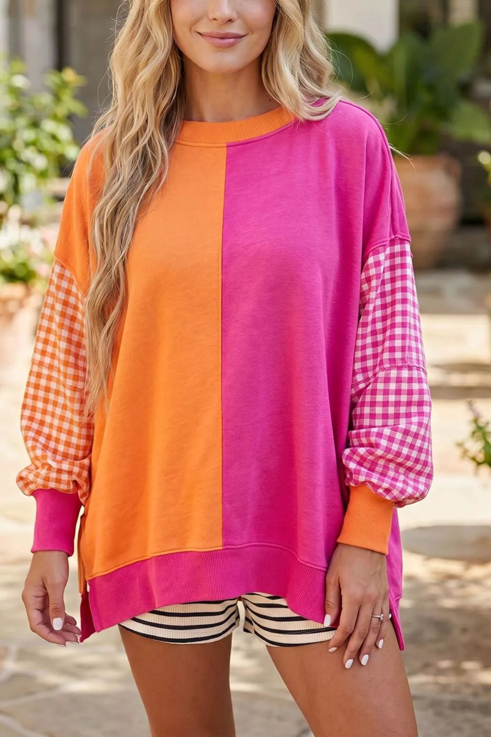 Trendsi Colorblock Gingham Sleeve Crewneck Sweatshirt -