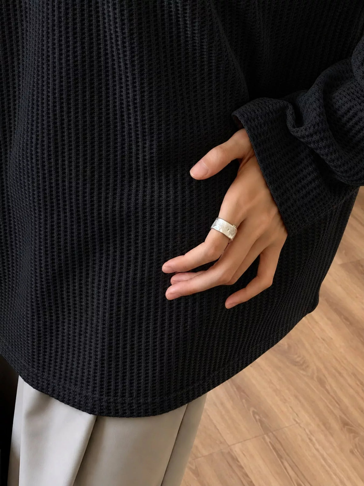 Split-Neck Waffle Knit Long Sleeve T-Shirt — garment construction details
