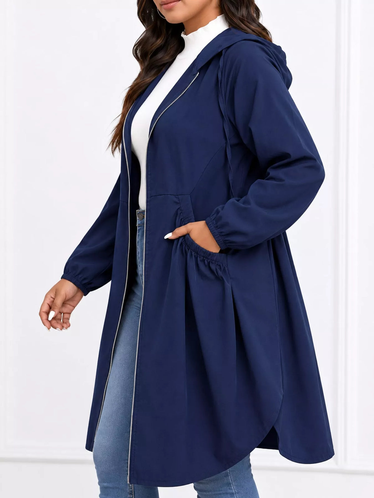 Hooded longline jacket, navy side