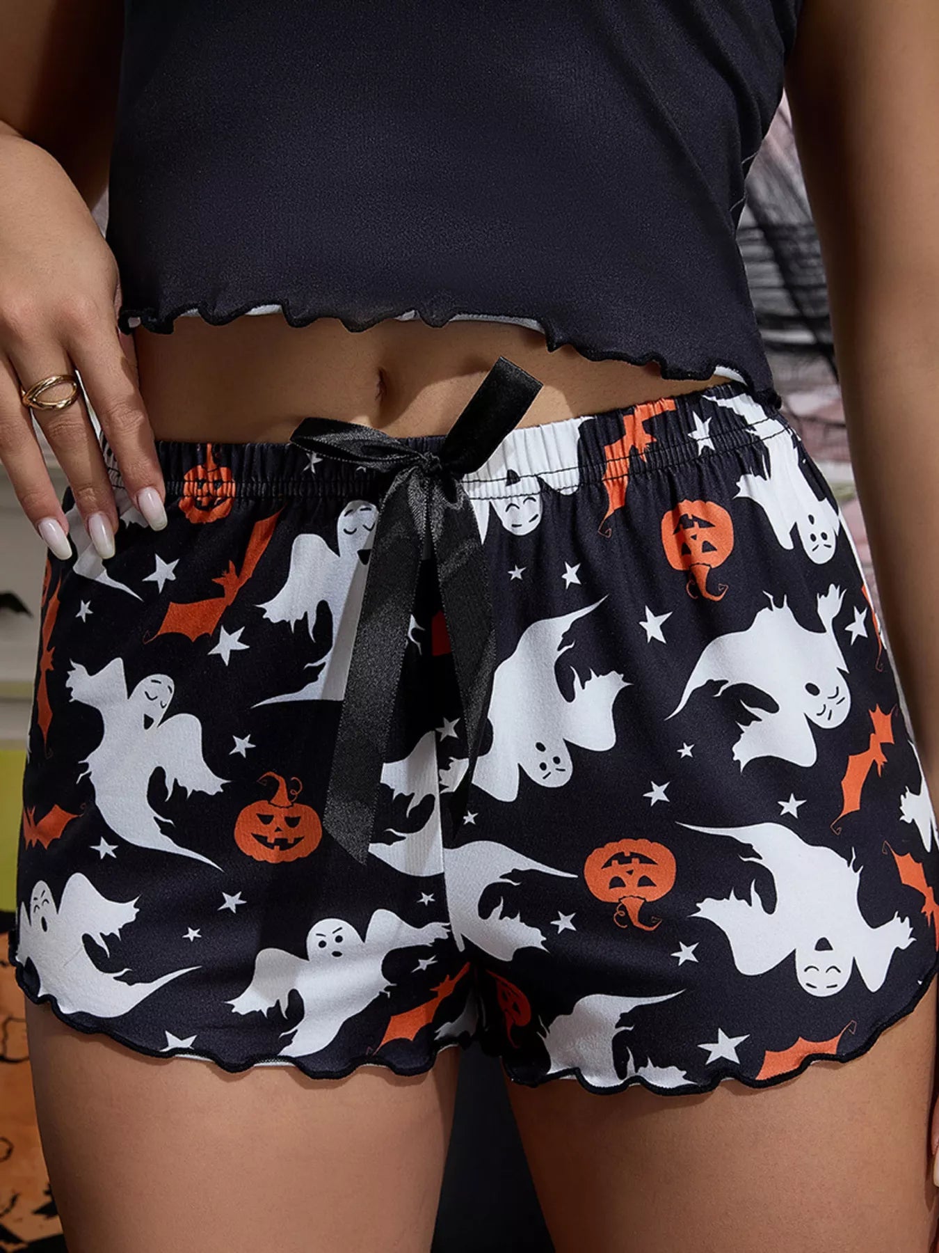 Trendsi Halloween Ghost and Pumpkin Print Lettuce Trim Cami and Shorts Set -