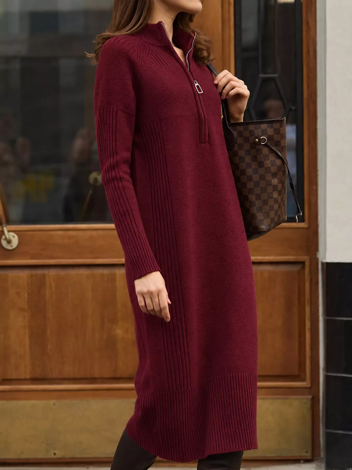 Burgundy half-zip ribbed knit sweater dress — front view
