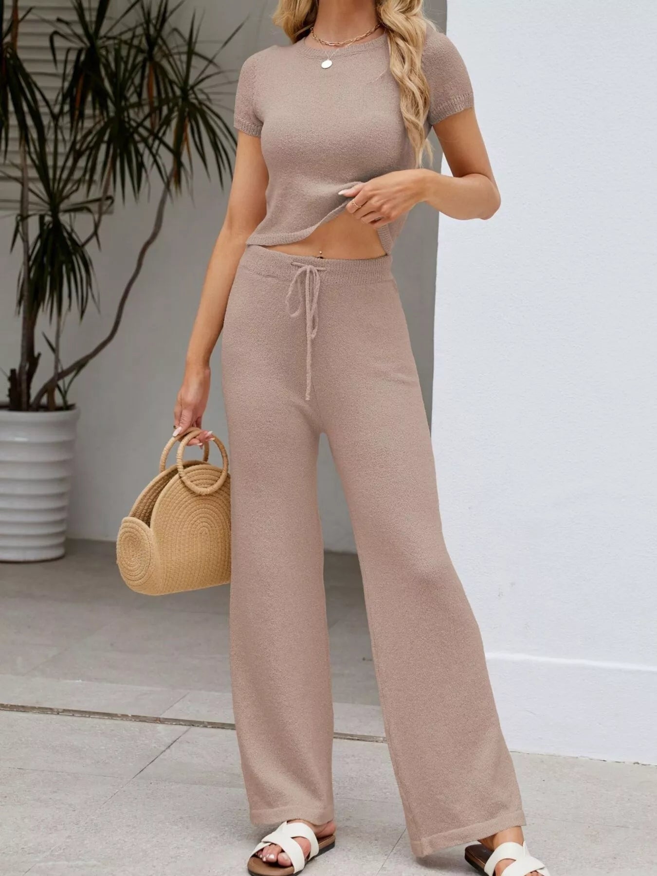 Trendsi Solid Color Knit Short Sleeve Top and Wide Leg Pants Set -