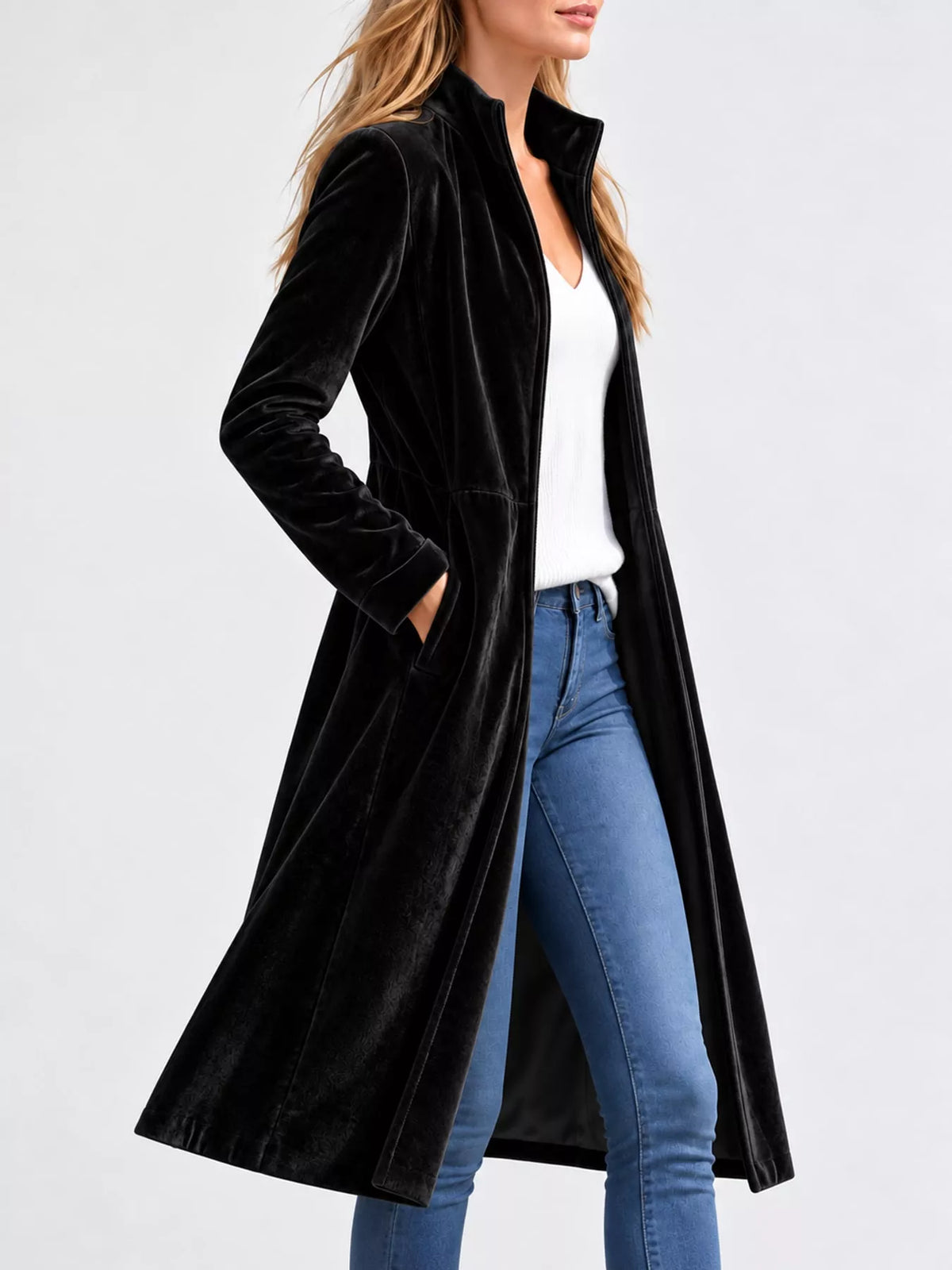 Black velvet zip-up longline jacket