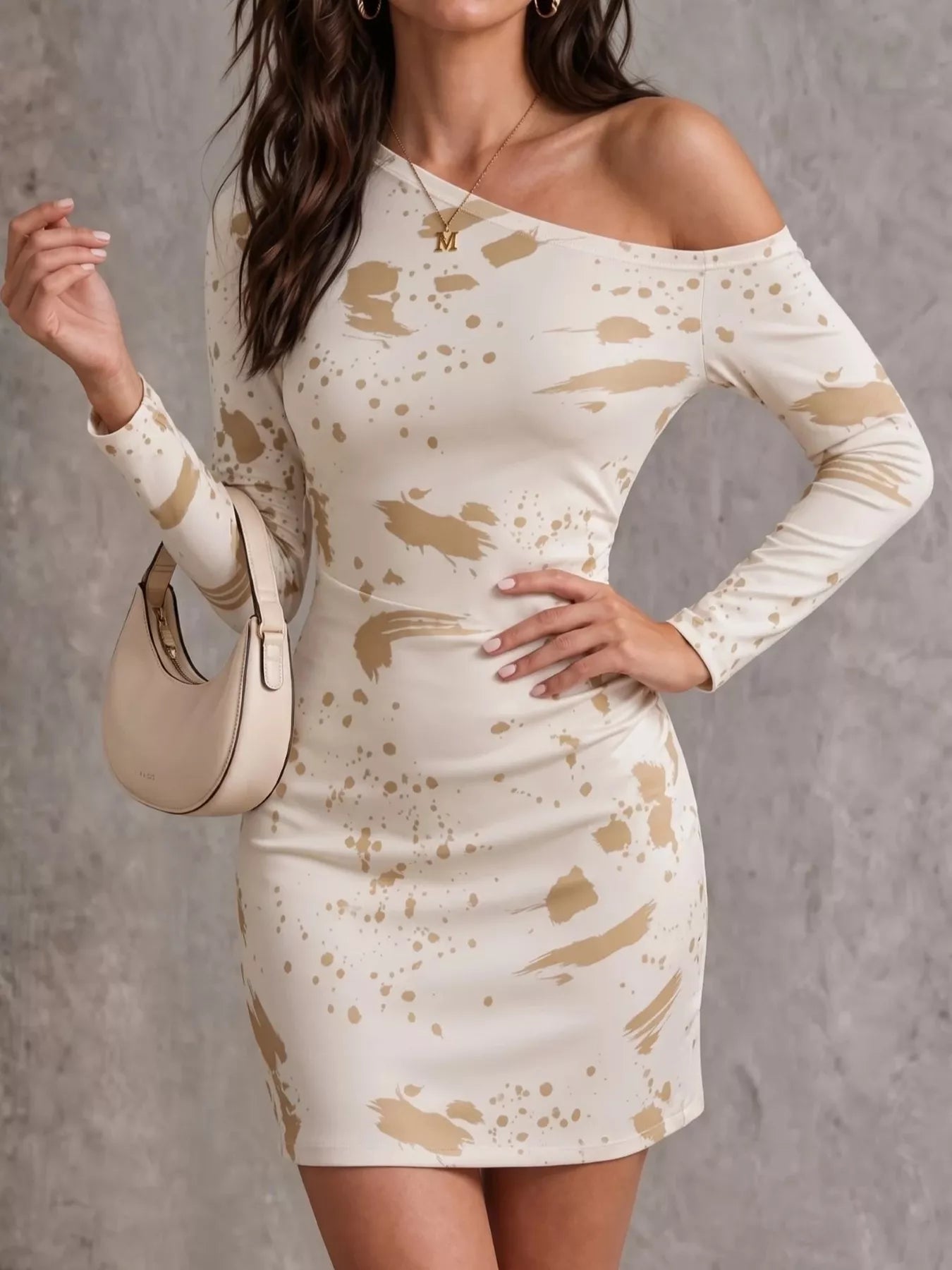 Trendsi One-Shoulder Long Sleeve Paint Splatter Bodycon Mini Dress -