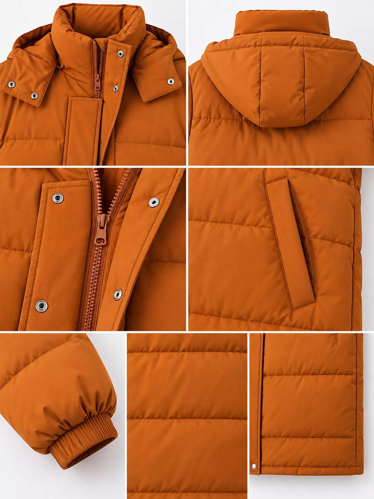 Longline puffer coat, orange hood zip and pocket details