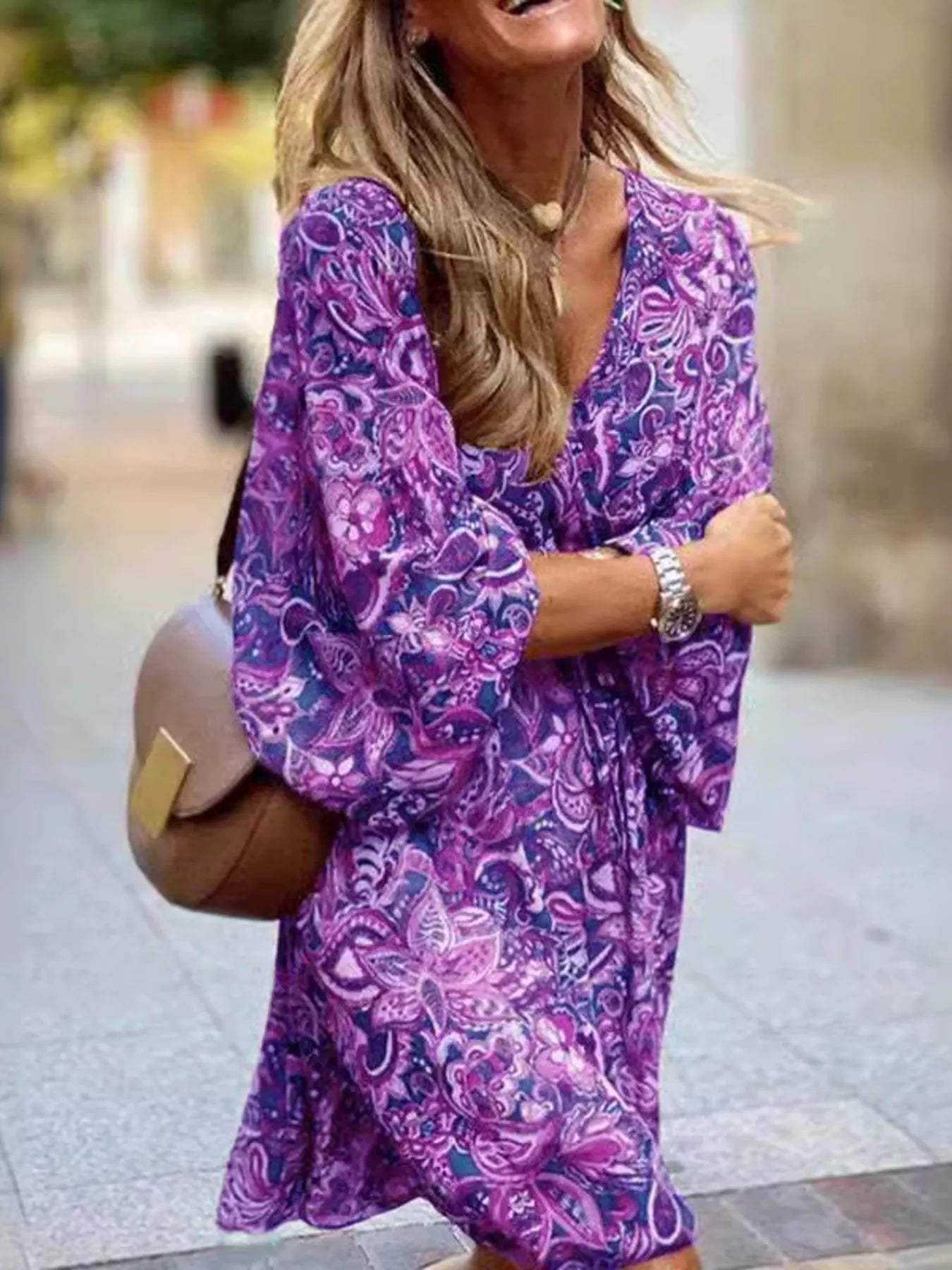 Trendsi Full Size Paisley Print Long Sleeve Mini Dress Plus Size -