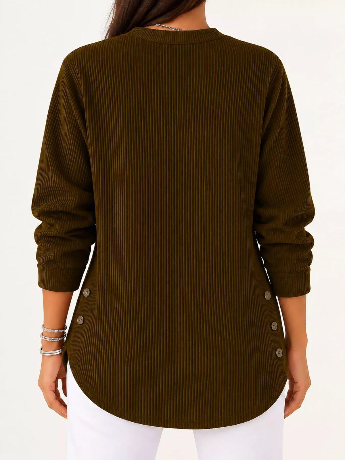 Brown button detail long sleeve top, back view