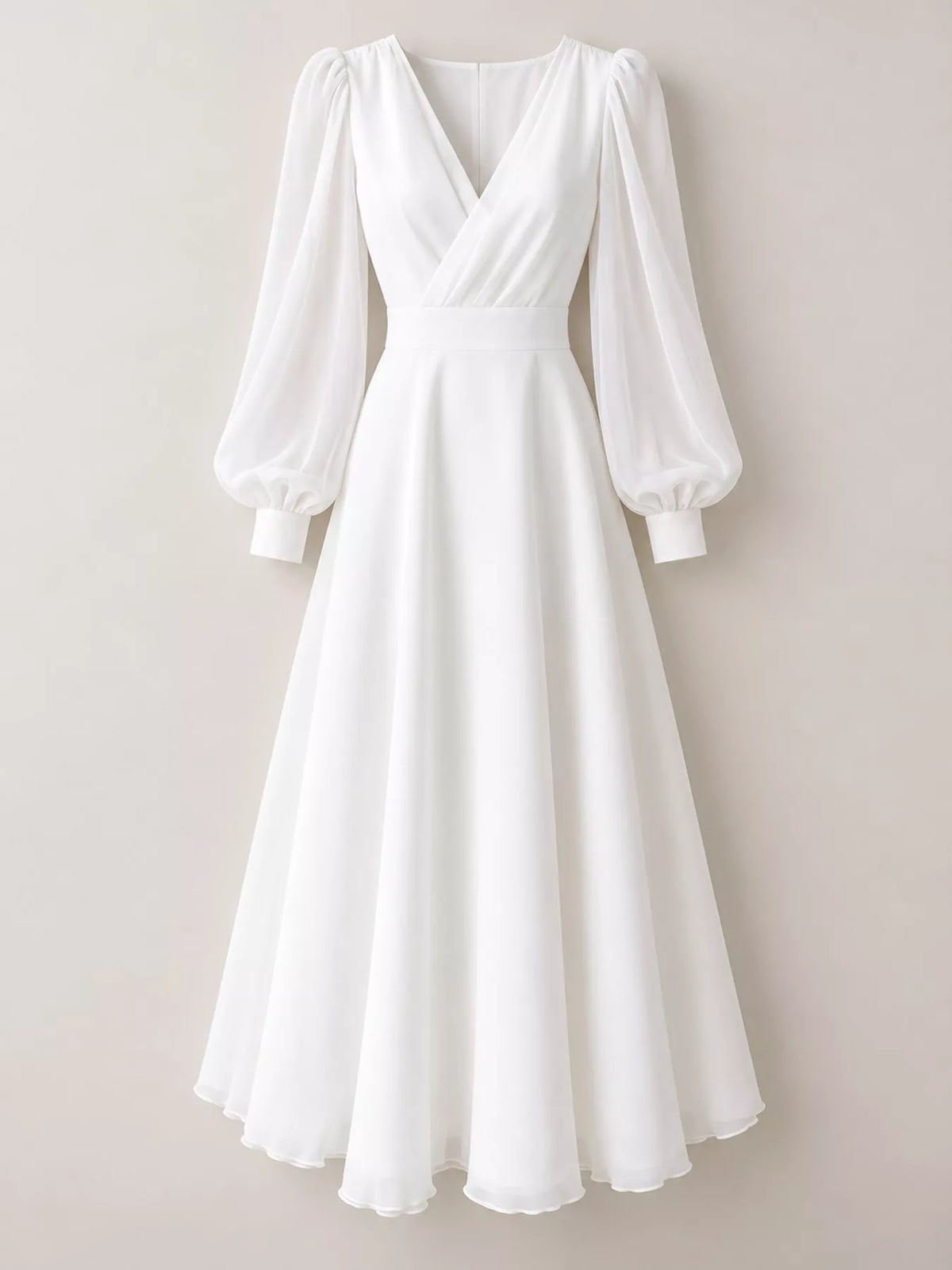 White surplice lantern-sleeve midi dress, front on hanger